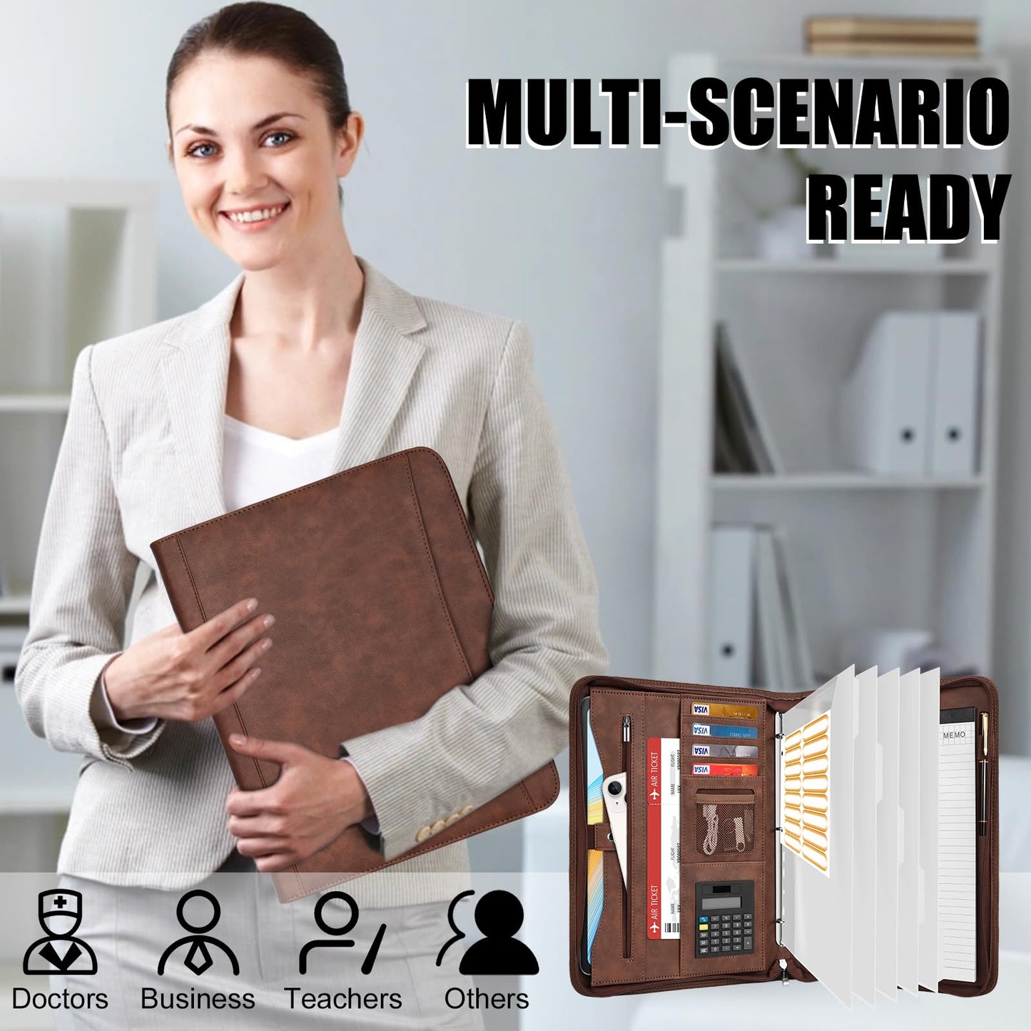 Eshow Portfolio Organizer - 3 Ring Binder with Zipper, Vegan Leather Business Padfolio Folder with Notepad Includes 10 Clear Sheet Protectors for Documents Files for Men Women