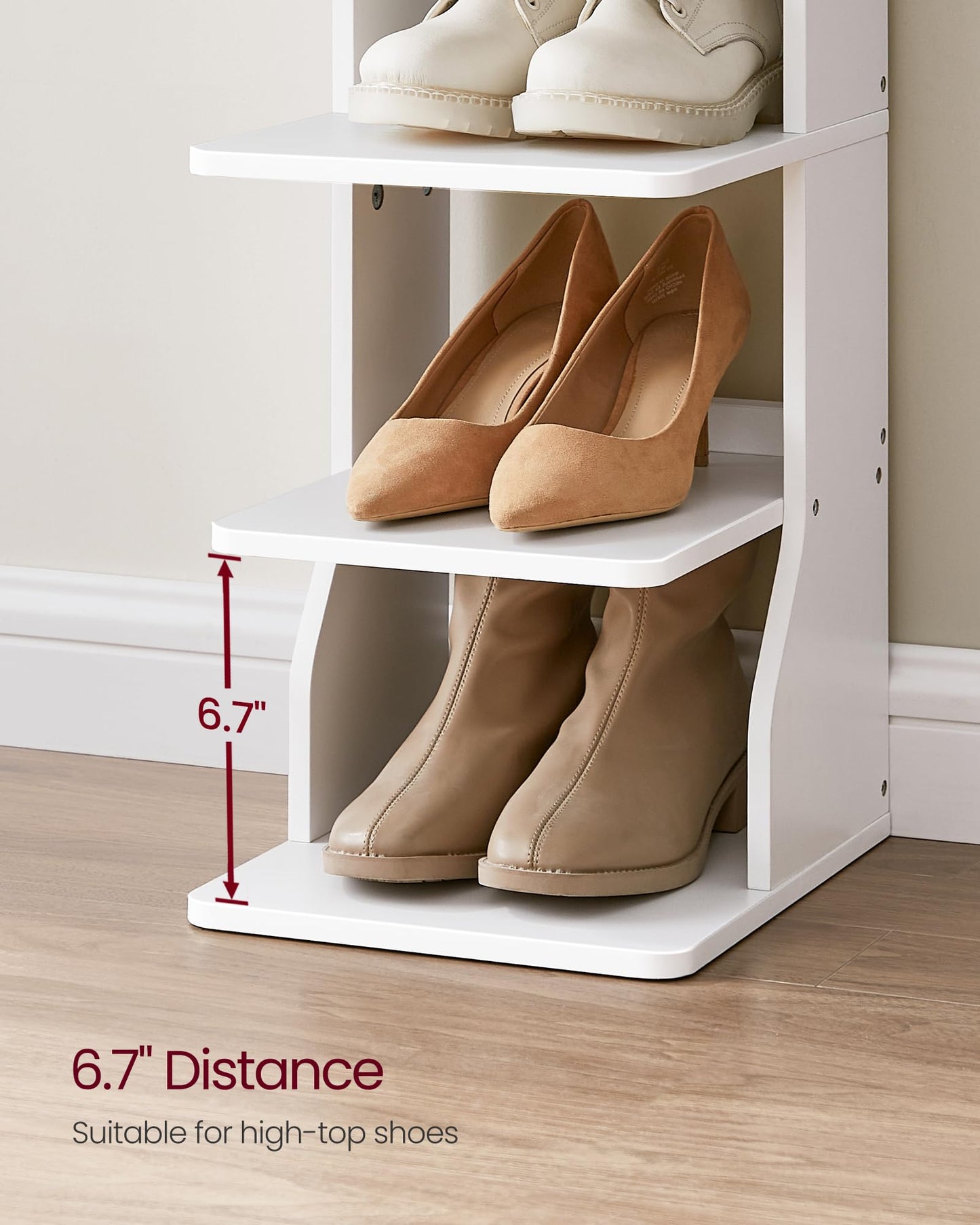 VASAGLE 7-Tier Vertical Shoe Rack, Narrow Shoe Storage Organizer with Hooks, Slim Corner Tower Shelf, Space-Saving for Entryway and Bedroom, White ULBS200T14