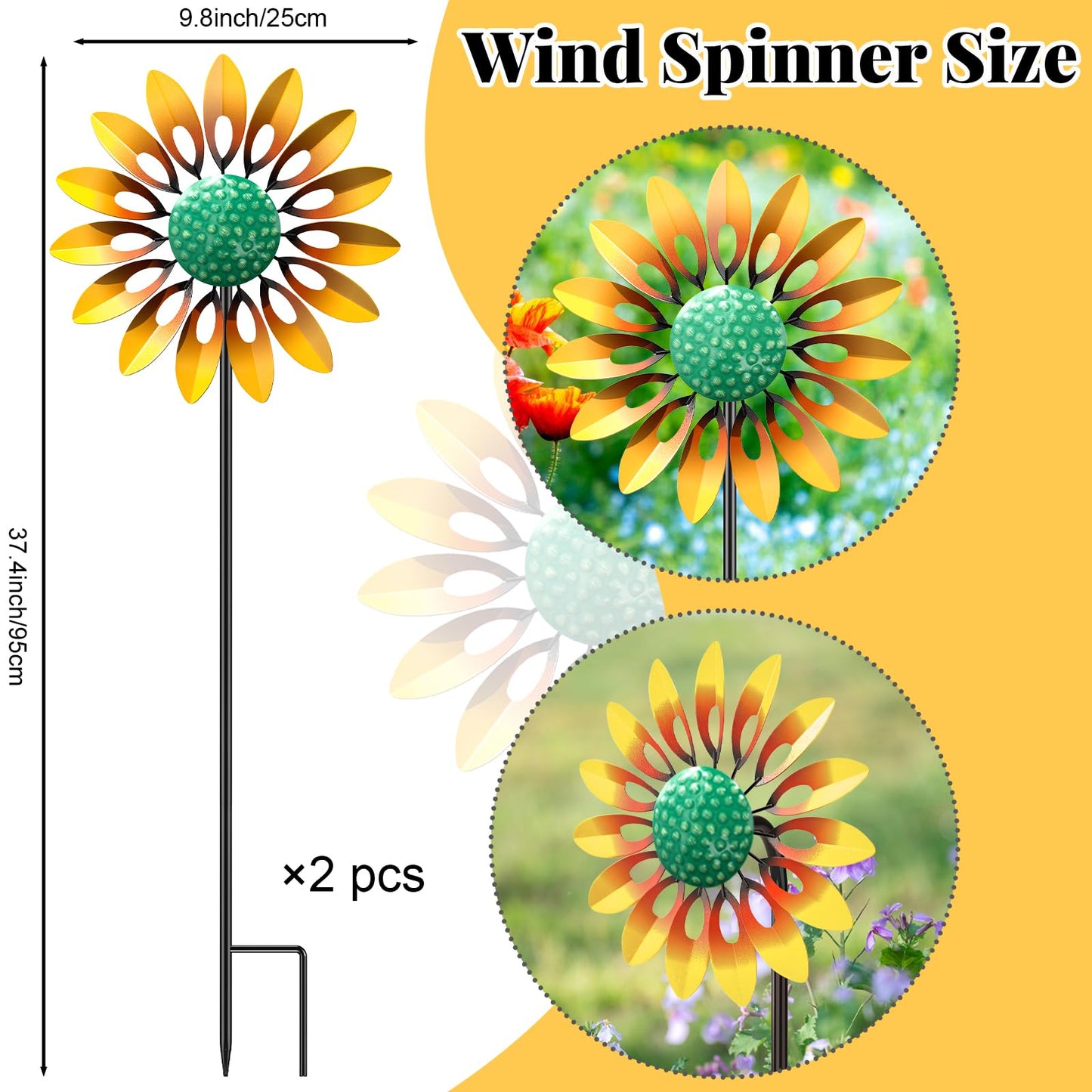 Sunflower Wind Spinners Outdoor, MeyRolizn Metal Pinwheel Wind Sculpture with Stake, Small Windmill for Garden Lawn Yard Patio Outside Art Decor (2pcs Yellow)