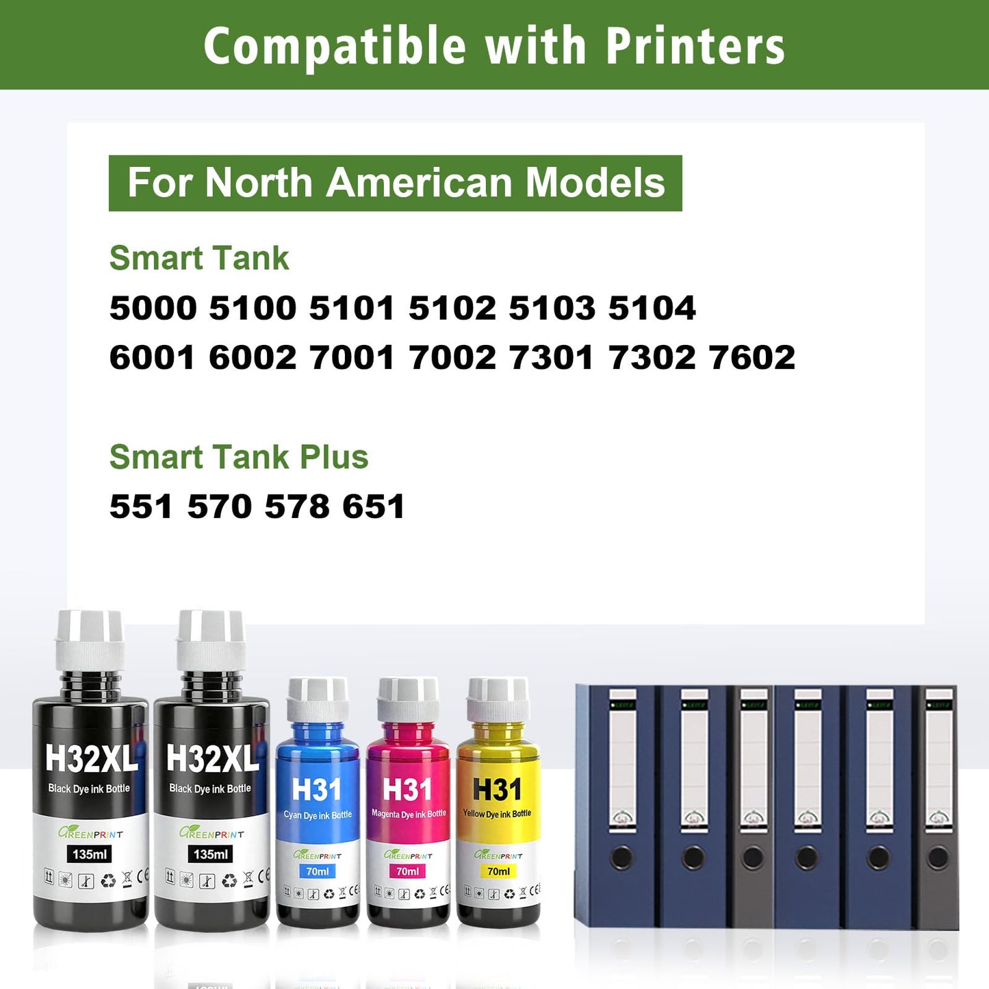 GREENPRINT 31 32XL Ink Bottles Multipack Compatible for H P Smart Tank 5000 5100 5101 5102 5103 5104 6001 6002 7001 7002 7301 7302 7602 Plus 551 570 578 651 Printer (5 Packs 2BK/C/M/Y)