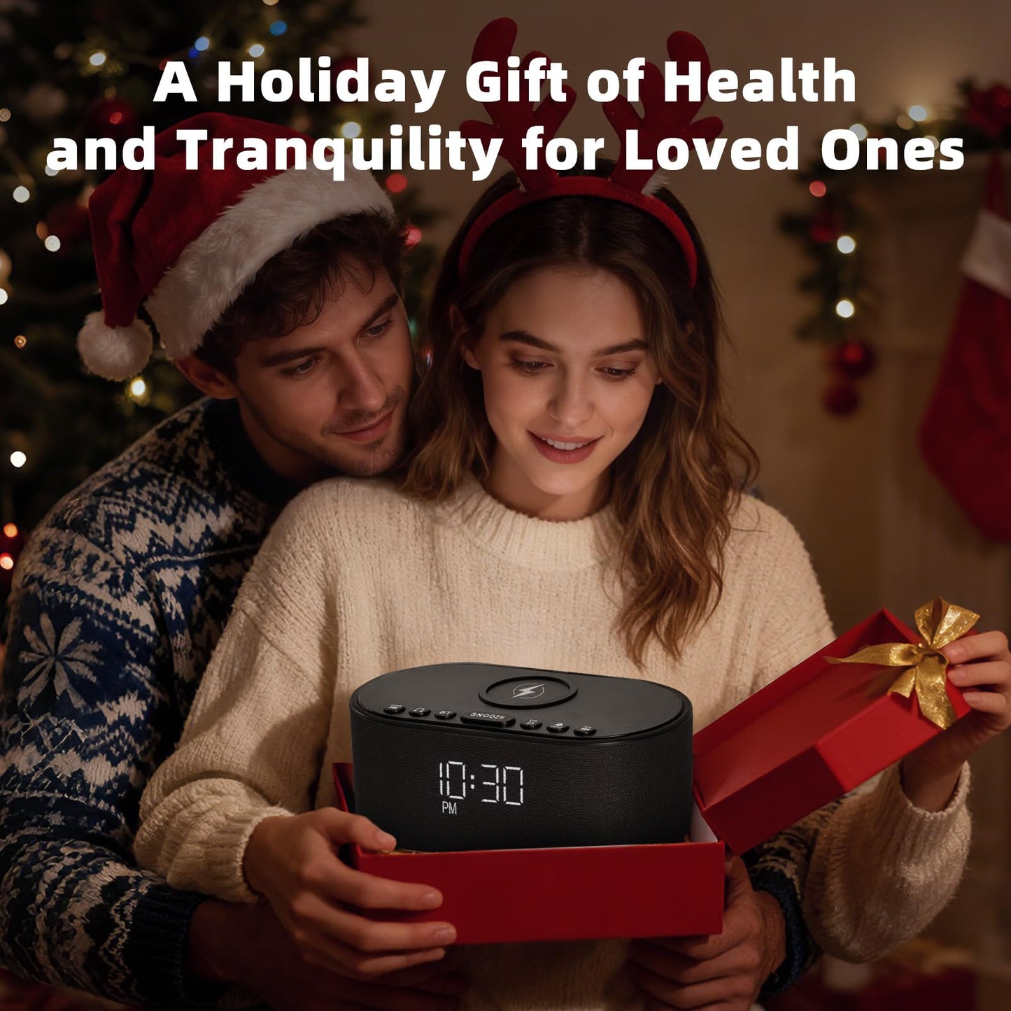 Odokee Sound Machine Alarm Clock for Bedrooms: Bluetooth 10W Stereo Sound Speaker with Wireless Charging - White Noise Machine for Sleeping with 21 Soothing Sounds - Black