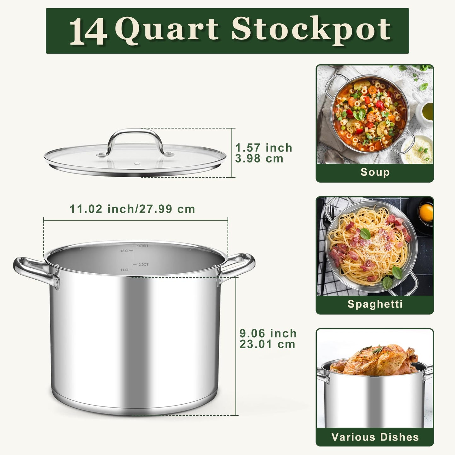 Leonyo 14 Quart Stock Pot with Lid, Stainless Steel StockPot with Lid, Tri-ply Bottom Induction Cooking Pot for Cooking, All Stove Compatible Up to 600℉ Soup Pot for Canning, Boiling, Simmer
