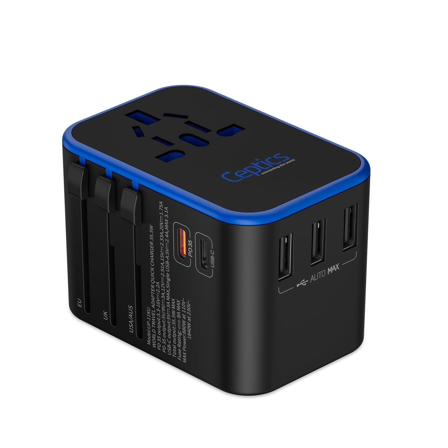 Ceptics World International Travel Plug Adapter - Powerful 35W with Pd & QC 3.0 Dual USB-C Power - 3 USB Ports Wall Charger Type I C G A Outlets 110V 220V A/C - EU Euro US UK
