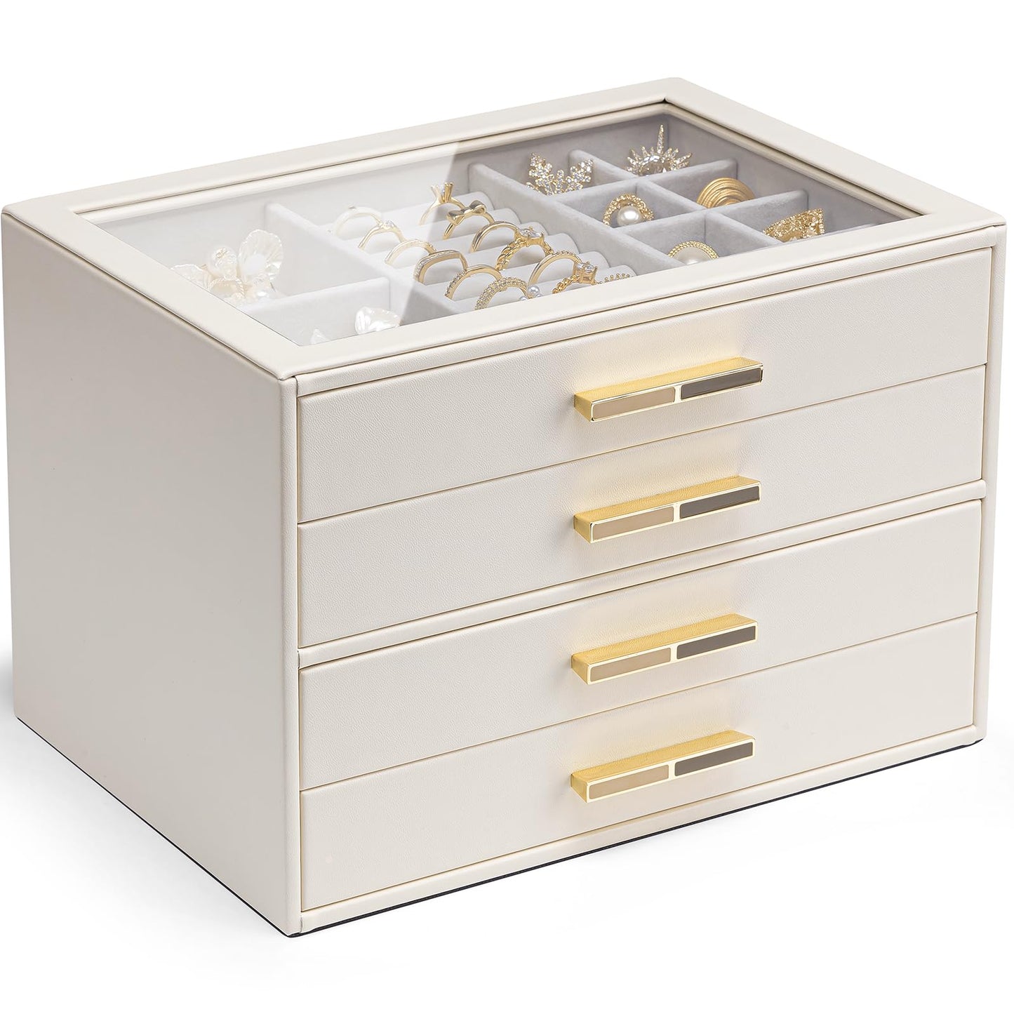 Vlando Jewelry Box with Glass Lid,Jewelry Organizer with 4 Drawers,4-Layer Jewelry Box for Women Girls,Gift for Loved Ones,Beige