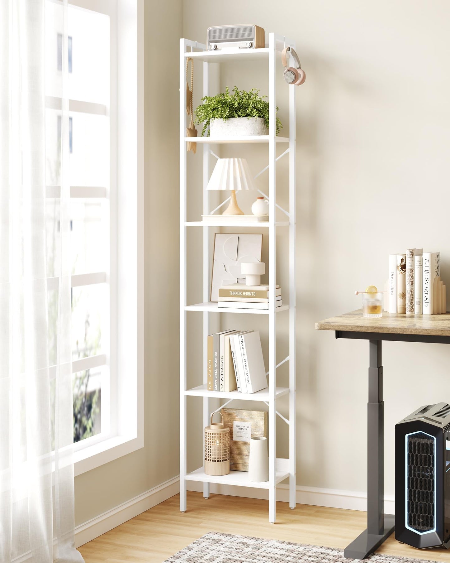 Hzuaneri Bookshelf, Book Shelf, Industrial Bookcase with 2 Hooks, Coner Shelf Storage Organizer for Home Office, Living Room, Bedroom, Kitchen, 6-Tier White BC10713W