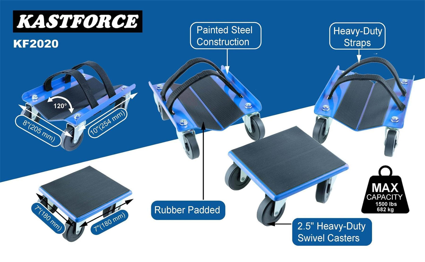 KASTFORCE Snowmobile Dollies Full-Rubber-Pad-Protection Heavy Duty Dollies Carries up to 1500 lbs (682 kg) V-Slide with 2.5 Inch Swivel Casters 2 Pairs of Heavy Duty Straps KF2020