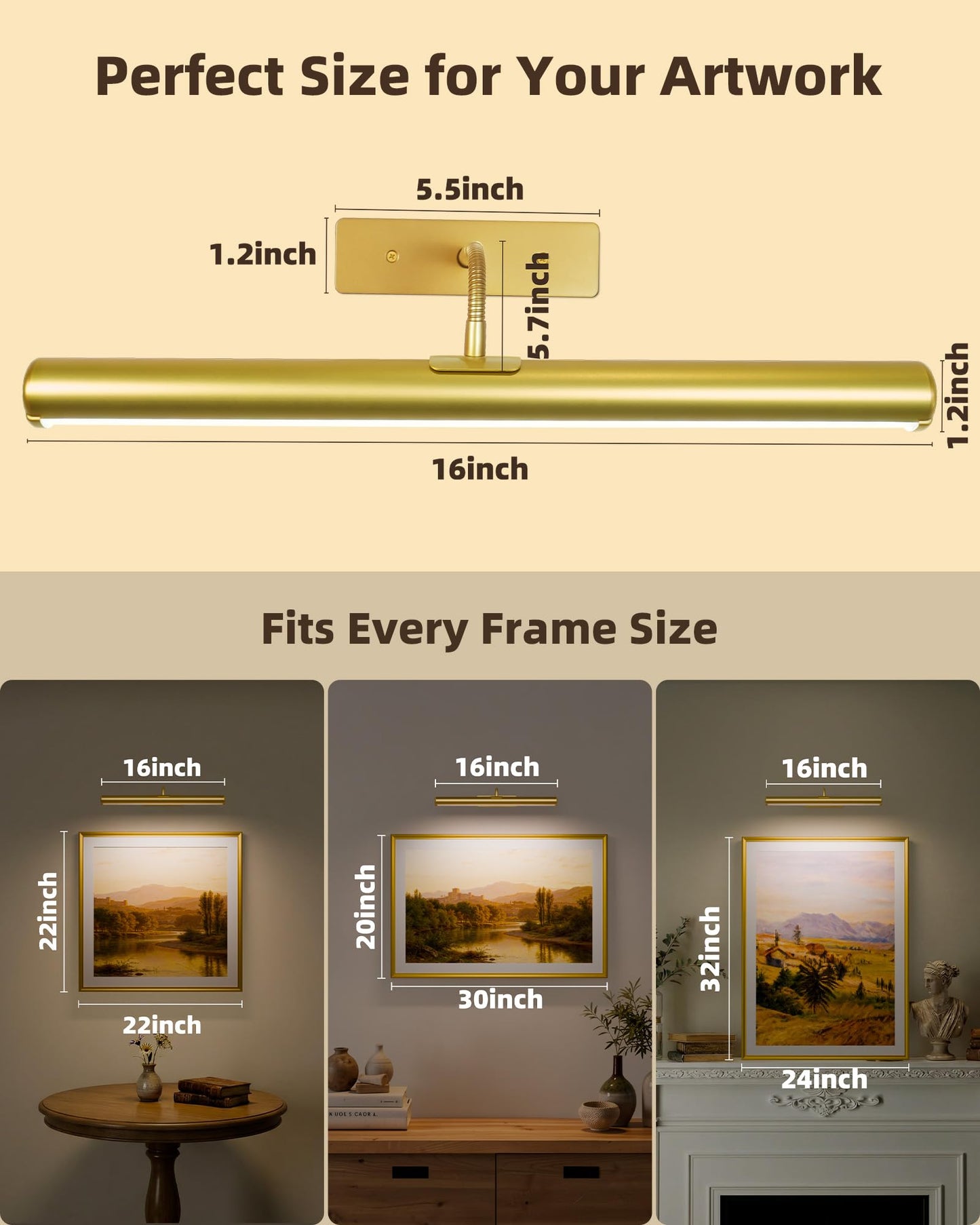 EZVALO 16" Picture Lights for Wall, 6000mAh Rechargeable Art Light with Remote, 3 CCT & Dimmable, Battery Operated Gallery Light Wireless, Frame Painting Light for Poster, Artwork (Gold,1 Pack)