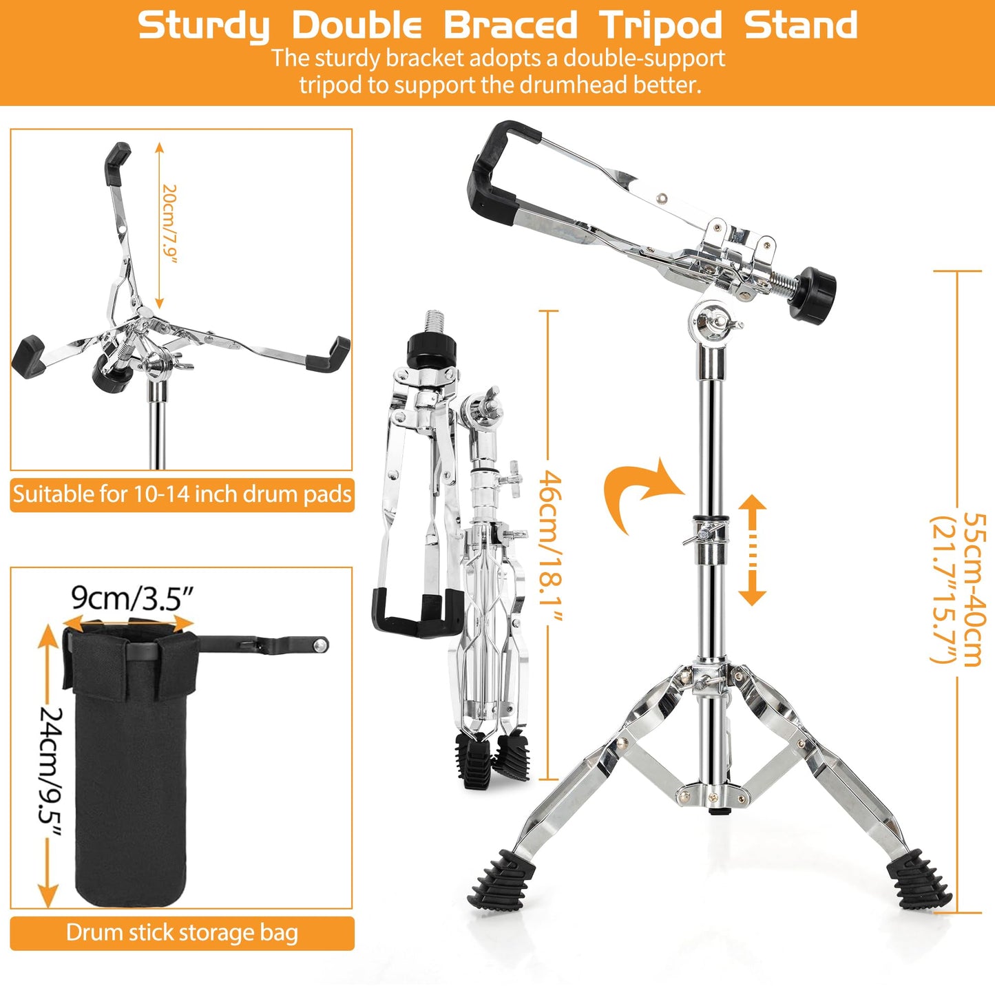 AKOZLIN Snare Drum Stand with Drum Sticks Holder Double Braced Tripod Snare Stand for 10 to 14 Inch Snare Drum Pad Height Adjustable 16.1 to 22 Inches