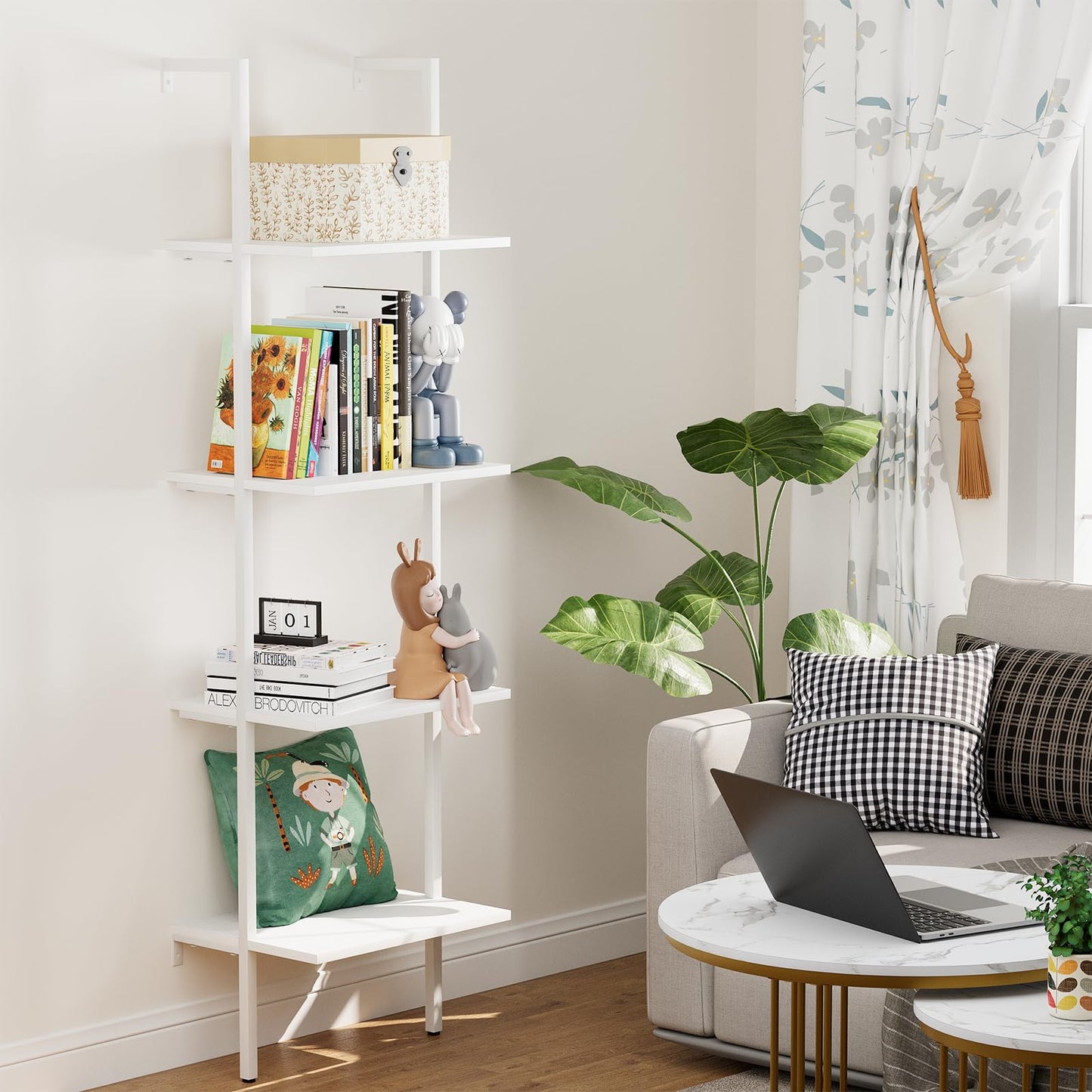 Ladder Shelf 4 Tiers Metal Industrial Bookshelf,White Wooden Tall Open Storage Rack and Display Shelves,Wall Mount Wide Bookcase for Home Office Bedroom,Small