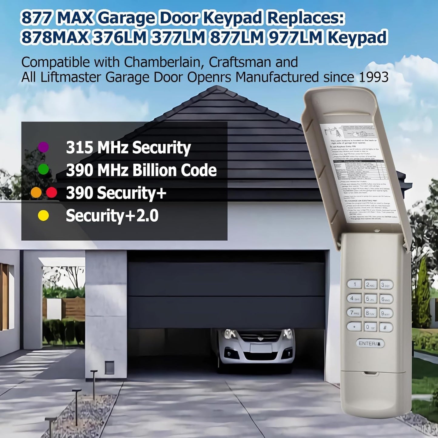 2 Pack Garage Door Opener Keypad Compatible with LiftMaster 877MAX Chamberlain LiftMaster Craftsman Garage Door Openers Since 1993，Wireless Keypad Keyless Entry, Security 2.0 Garage