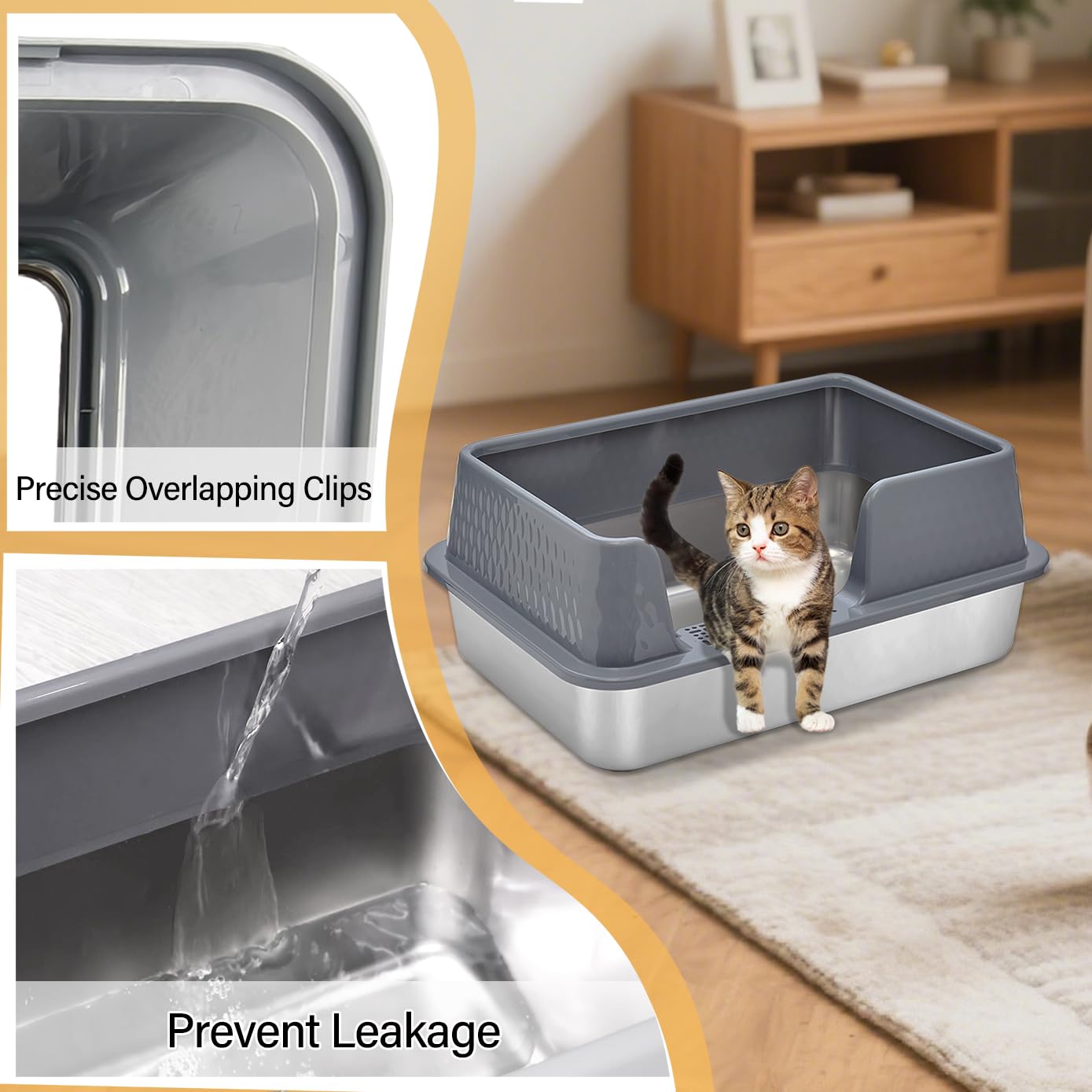 Kittenhood Low Entry Enclosed Stainless Steel Cat Litter Box with Lid Scoop and Pads, 50cm* 35cm* 20cm Grey Standard Easy Clean Metal Kitty Kitten Litter Box