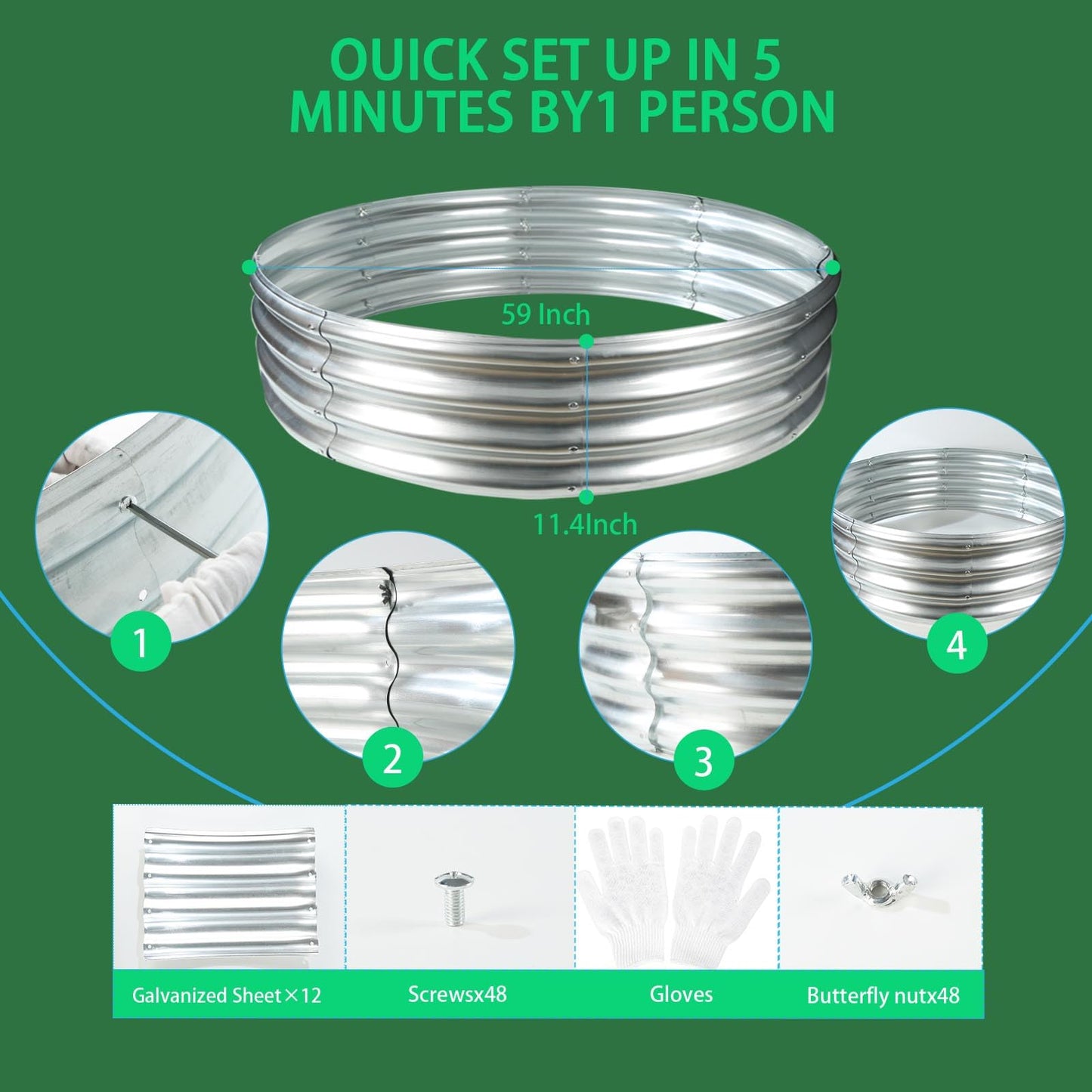 zbzbml Durable Round Galvanized Steel Raised Garden Bed for Planting,Round Galvanized Steel Fire Ring/Fir Pit for Outdoor- 5×5×1FT,0.8MM Thick (Silver, 60 ins Diameter x 12 ins high)