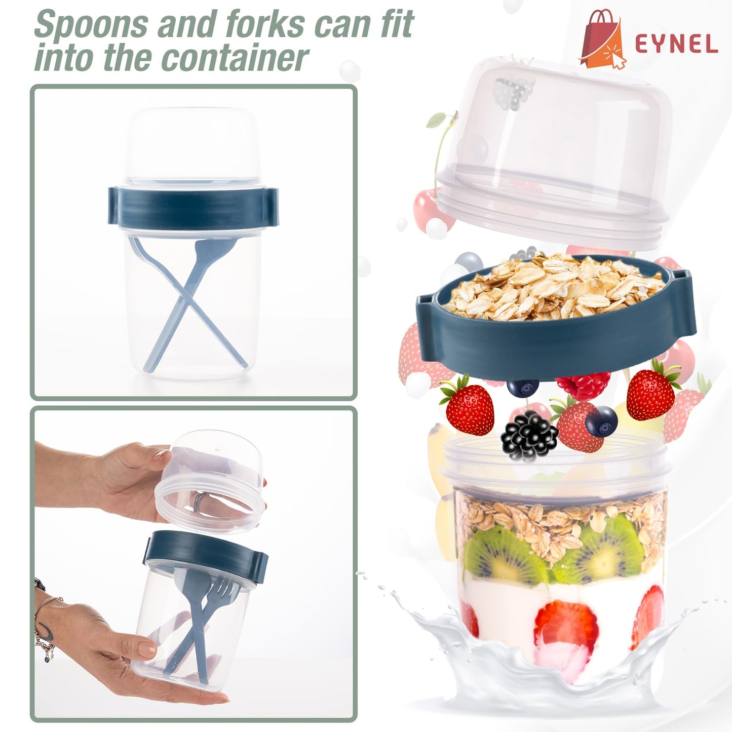 Eynel 650ml Take-go Fruit Muesli Container with Spoon Picnic Work Yogurt Milk Cup Breakfast Glasses with Lid and Spoon, Cereal Topper Oatmeal Granola (Set of 4)