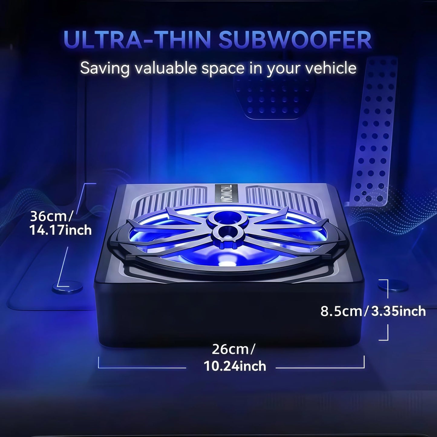 Car Subwoofer 10" 800W Slim Under Seat Powered Car Subwoofer，Car Audio Sub with Blue LED Ambient Light Built in Amplifier for Trucks Cars