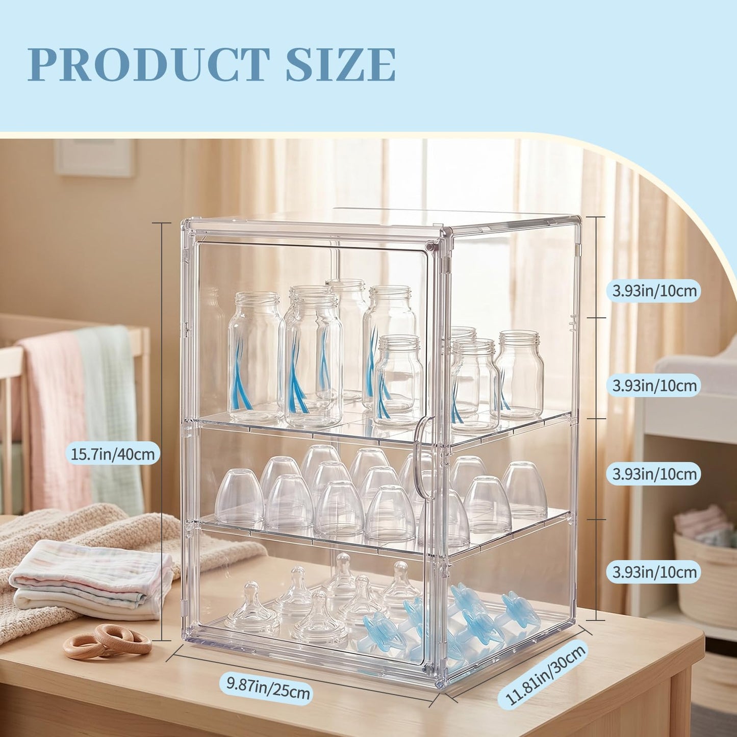 Zebrater Baby Bottle Organizer, 3 Tier Bottle Storage Organizer Baby, Adjustable Clear Acrylic Bottles Storage Station with Magnetic Door and Hook for Pacifiers Pump Parts, Makeup & Bathroom Organizer