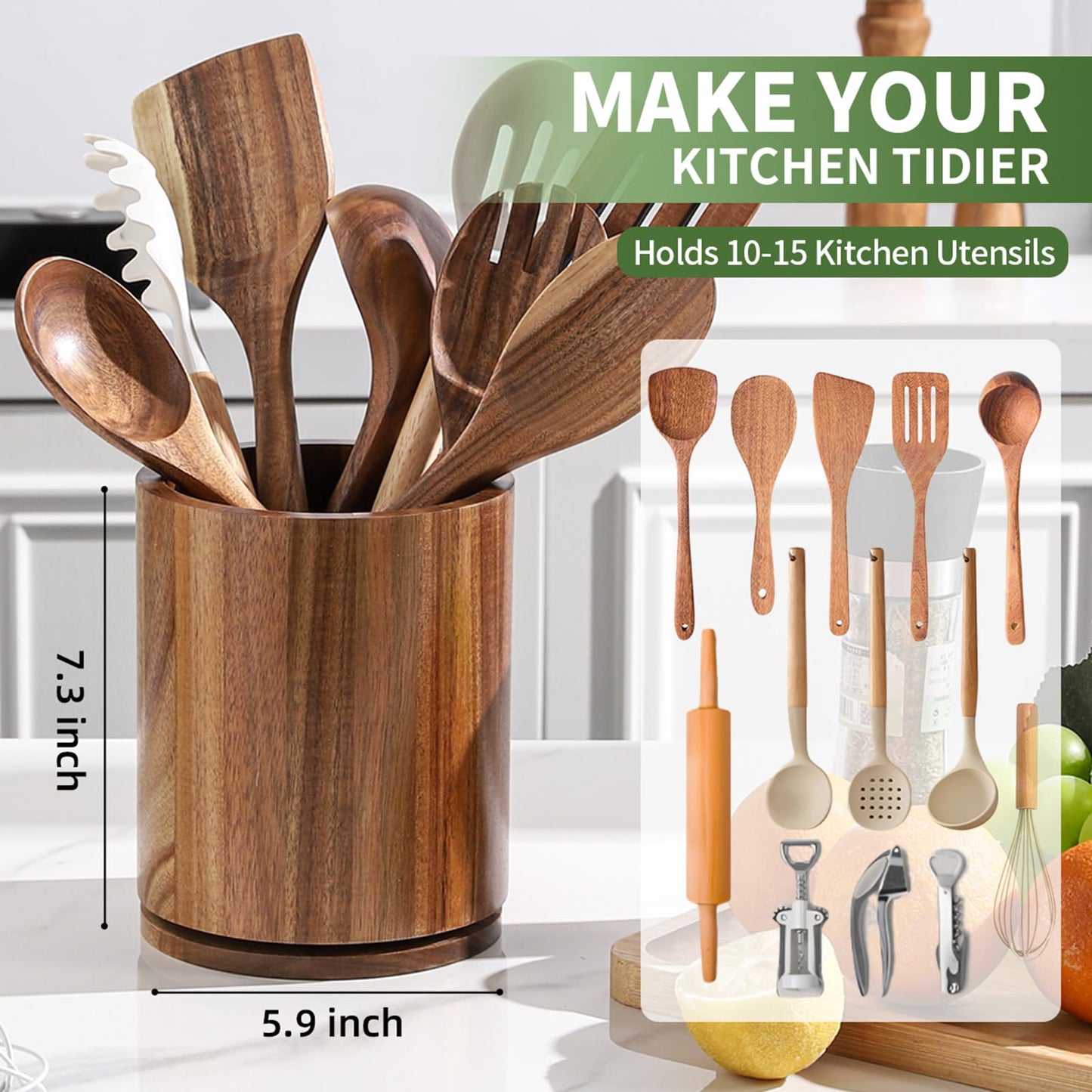 Wooden Utensil Holder, 360°Rotating 7.3'' Large Utensil Holder for Kitchen Counter, Kitchen Utensil Organizer, Cooking Utensil Crock, Farmhouse Kitchens Countertop Decor, Acacia Wood