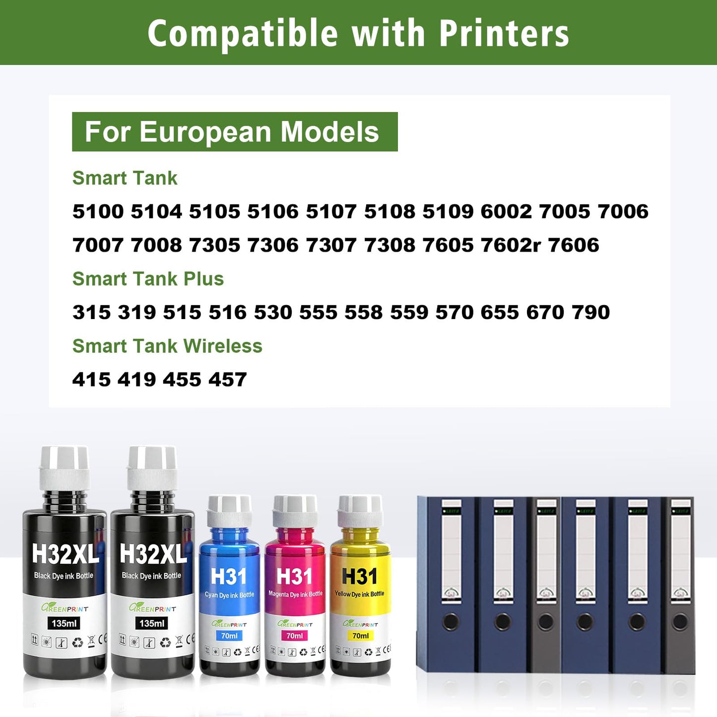 GREENPRINT 31 32XL Ink Bottles Multipack Compatible for H P Smart Tank 5000 5100 5101 5102 5103 5104 6001 6002 7001 7002 7301 7302 7602 Plus 551 570 578 651 Printer (5 Packs 2BK/C/M/Y)