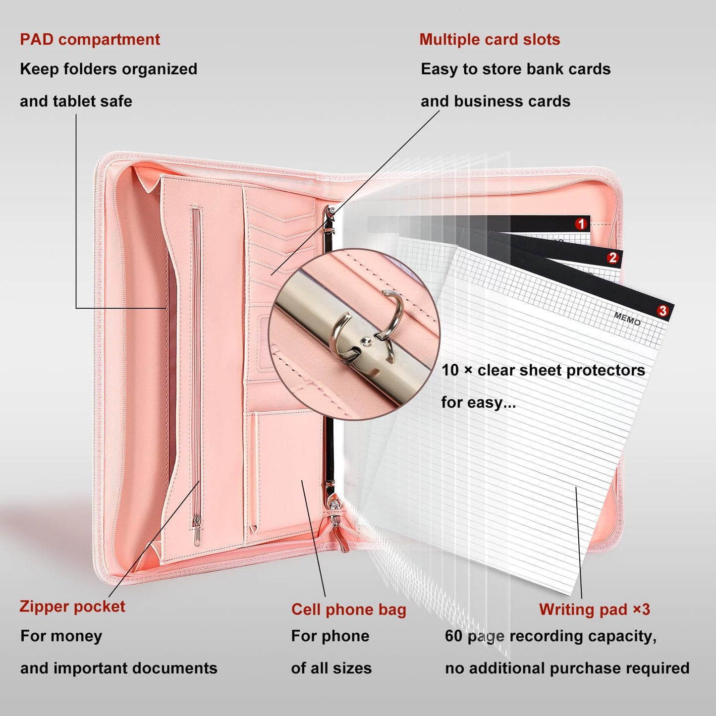 Leathario Portfolio, Vegan Leather 3-Ring Binder with Zipper, A4 Padfolio, Includes 10 Sheet Protectors and 3 Notepads, Multi-Pocket Document Holder for Tablets, Files, Notepads, Office Supplies