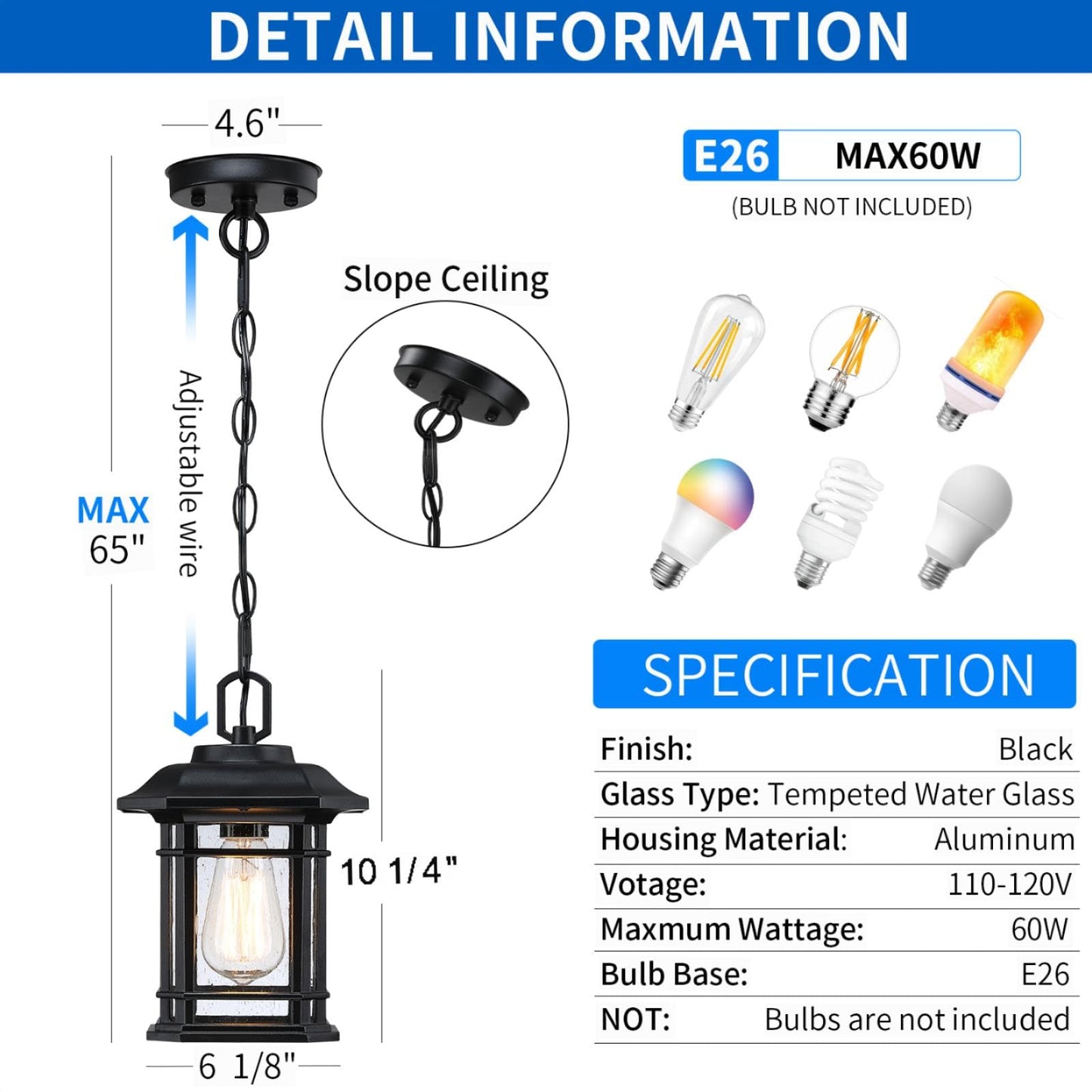 MYHXQ 11'' Outdoor Pendant Lights for Porch, Black Exterior Hanging Lanterns Outdoor, Farmhouse Outdoor Ceiling Light Fixture, Waterproof Tempered Seed Glass Outdoor Chandelier, 1Pack