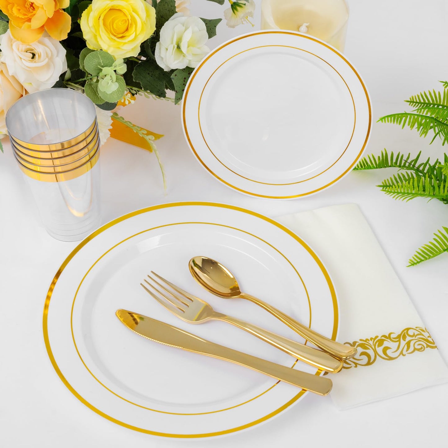 Supernal 102pcs White and Gold Plastic Plates Disaposable Party Plates White Gold Rim Heavy duty, Fancy Gold Plastic Dinnerware Set included 51 Dinner & Dessert Plates for Party,Birthday and Wedding