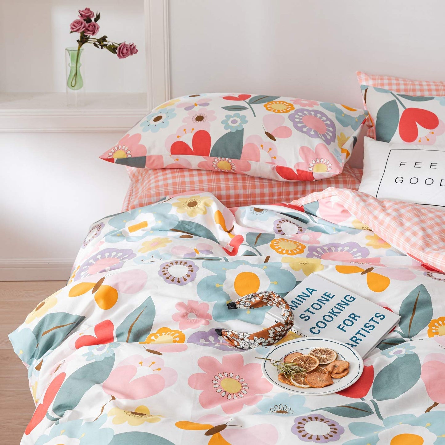 Floral Duvet Cover Twin, 100% Cotton 3 pcs Twin Flower Bedding Set for Girls, Reversible Comforter Cover Ultra Soft Garden Fresh Botanical Duvet Cover, with Zipper Closure, Breathable (No Comforter)