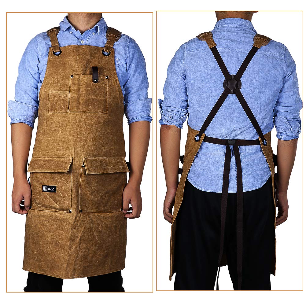 Woodworking Shop Apron,16 OZ Waxed Canvas Tool Apron for Men & Women, Work Apron with Cross-Back Straps,Adjustable M to XXL (Brown)