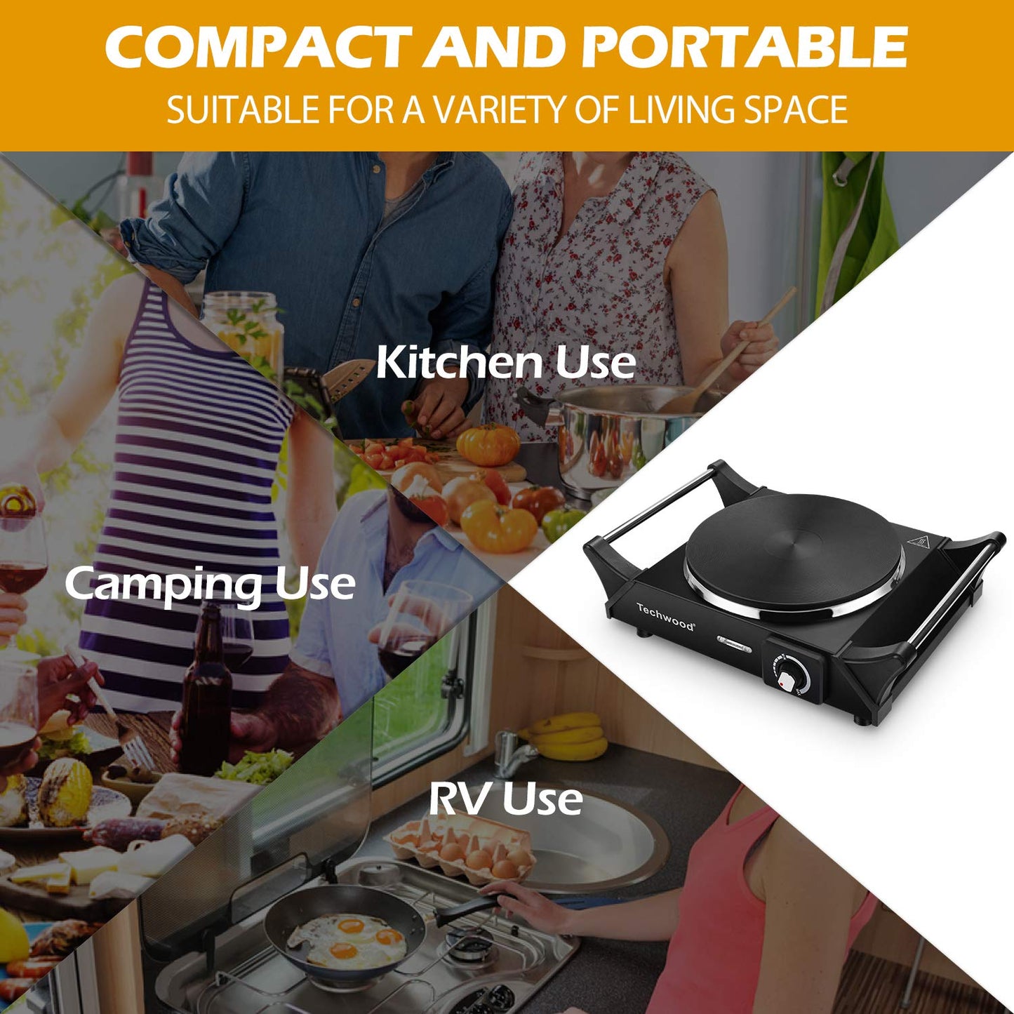 Techwood Hot Plate Electric Single Burner Portable Burner, 1500W with Adjustable Temperature, Stay Cool Handles, Non-Slip Rubber Feet, Black Stainless Steel Easy to Clean, Upgraded Version