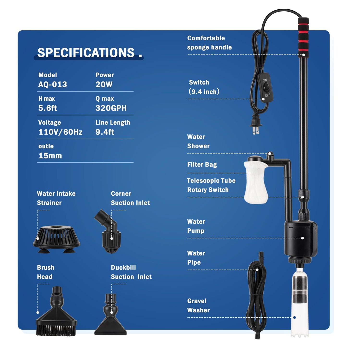 AQQA Aquarium Gravel Cleaner Siphon Kit,6 in 1 Electric Automatic Removable Vacuum Water Changer，Multifunction Wash Sand Suck The Stool Filter 110V/ 20W 320GPH (20W 320GPH)