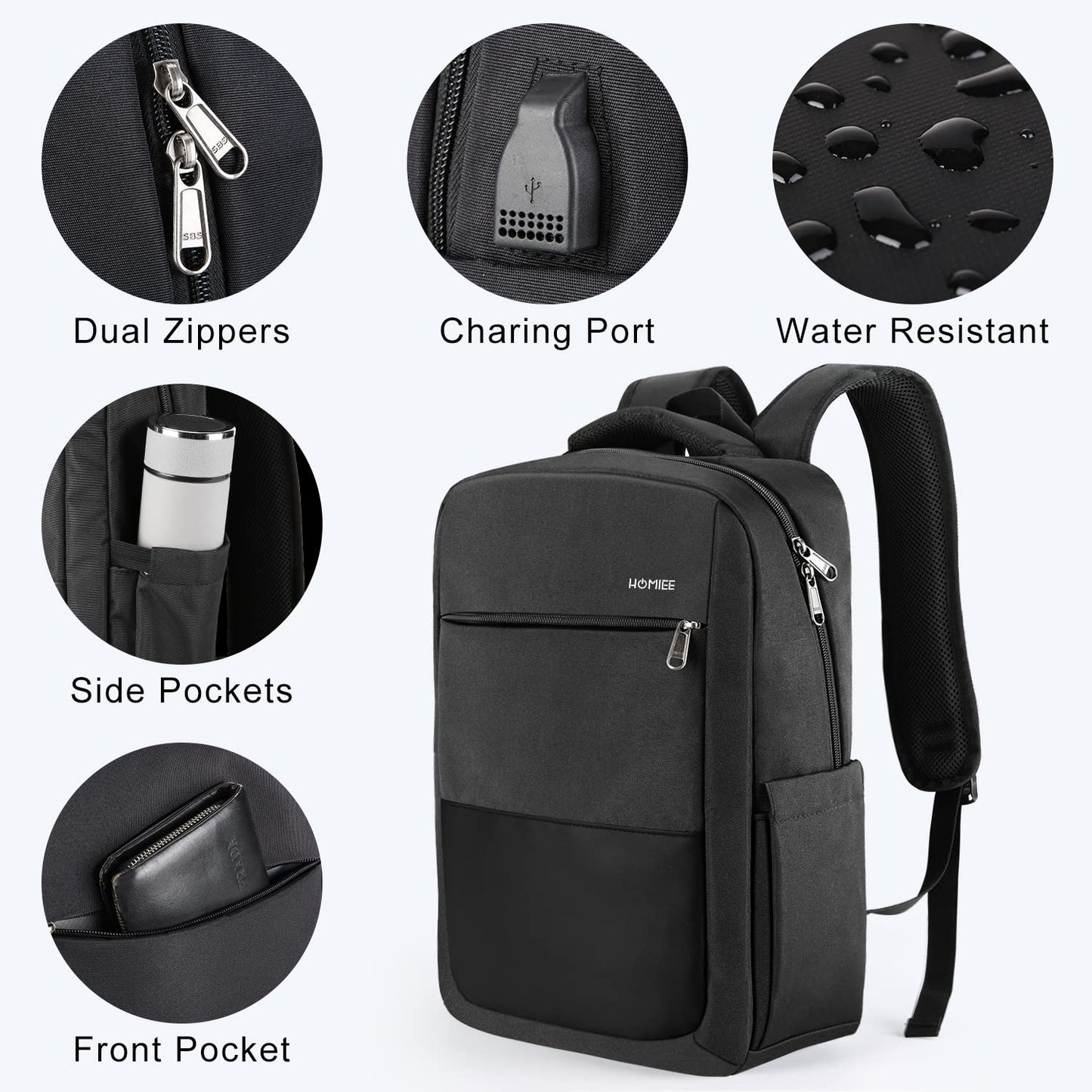 HOMIEE 15.6-Inch Laptop Backpack, High-Capacity Backpack for Men Women USB Charging Port Travel/Business/College Backpack