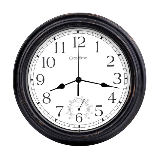 16 Inch Large Outdoor Clock Waterproof with Thermometer Combo, Retro Indoor Outdoor Wall Clocks for Patio Pool Garden Living Room Decor,Bronze