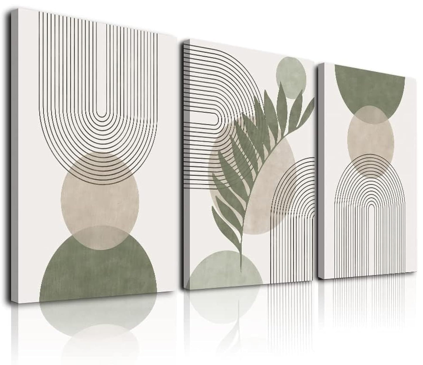 KBKBART Sage Green Boho Wall Art Set of 3, Minimalist Framed Wall Art Geometric Line Leaf Sun Moon Beige Green Canvas Artwork Paintings, Abstract Botanical Boho Room Decor, Sage Green, 12''x16''