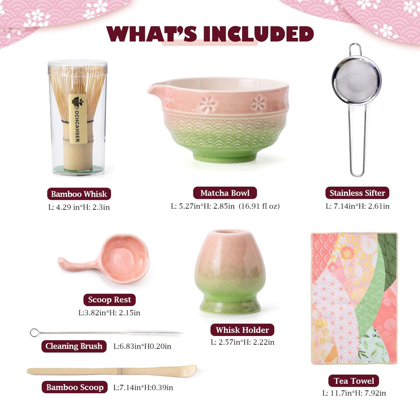 Matcha Tea Set, 8 Pcs Japanese Matcha Kit with Cherry Blossom and Wave Design Ceramic Bowl, Bamboo Whisk, Whisk Holder, Scoop, Sifter, Brush, Matcha Whisk Set for Matcha Lovers (Pink-Green)