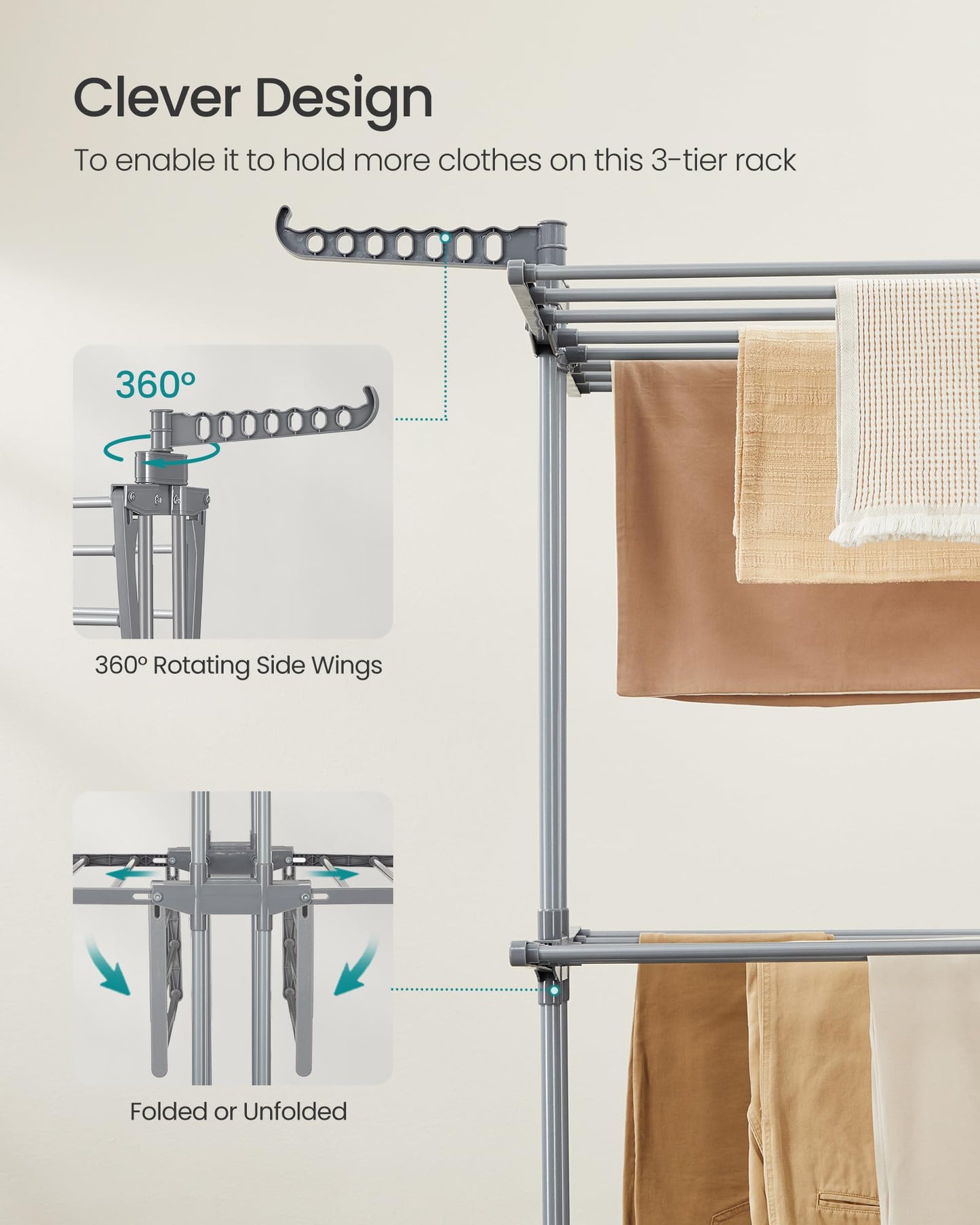 SONGMICS Clothes Drying Rack 3-Tier, Foldable Laundry Drying Rack 148 cm Tall, Steel, Rolling Clothes Horses, Laundry Hanger Dryer Airer, Indoor Outdoor Use, Dove Gray ULLR702G01