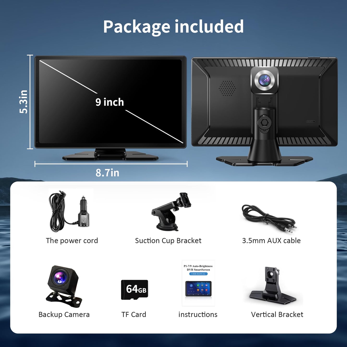 Carplay Screen for Car, 9" Android Auto Screen with 4K Dashcam, Backup Camera, Carplay Screen Compatible with Wireless A-pple Carplay & Android auto, MirrorLink, TF Card, Bluetooth, Siri, Navigation