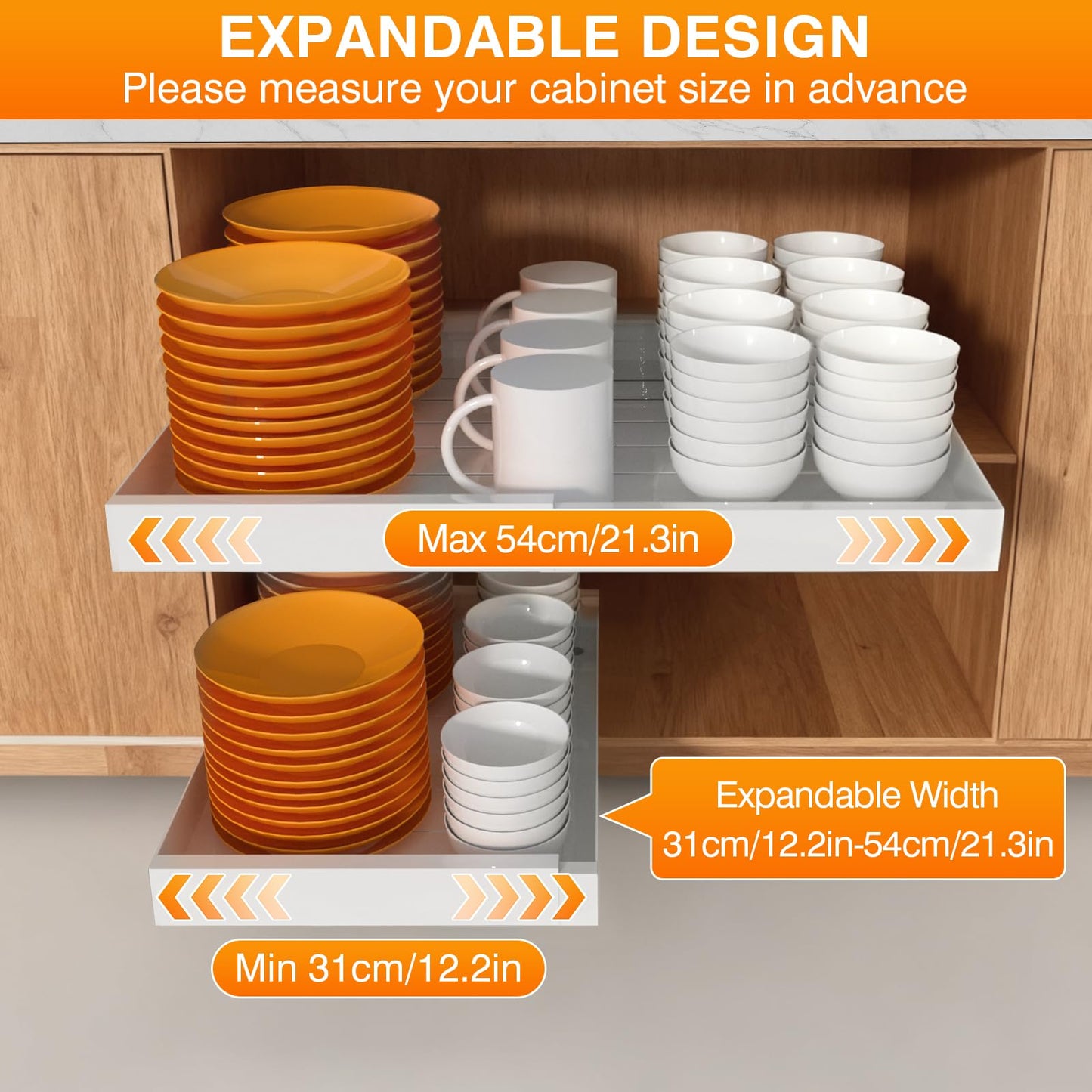 2 Pack Pull out Cabinet Organizer Sliding Shelf, 16.7" Deep, Expandable(12.2"-21.3") Slide Out Drawers for Kitchen 0rganizers and Storage, Heavy Duty with Adhesive Nano Film Or Screw,Roll Out Drawers