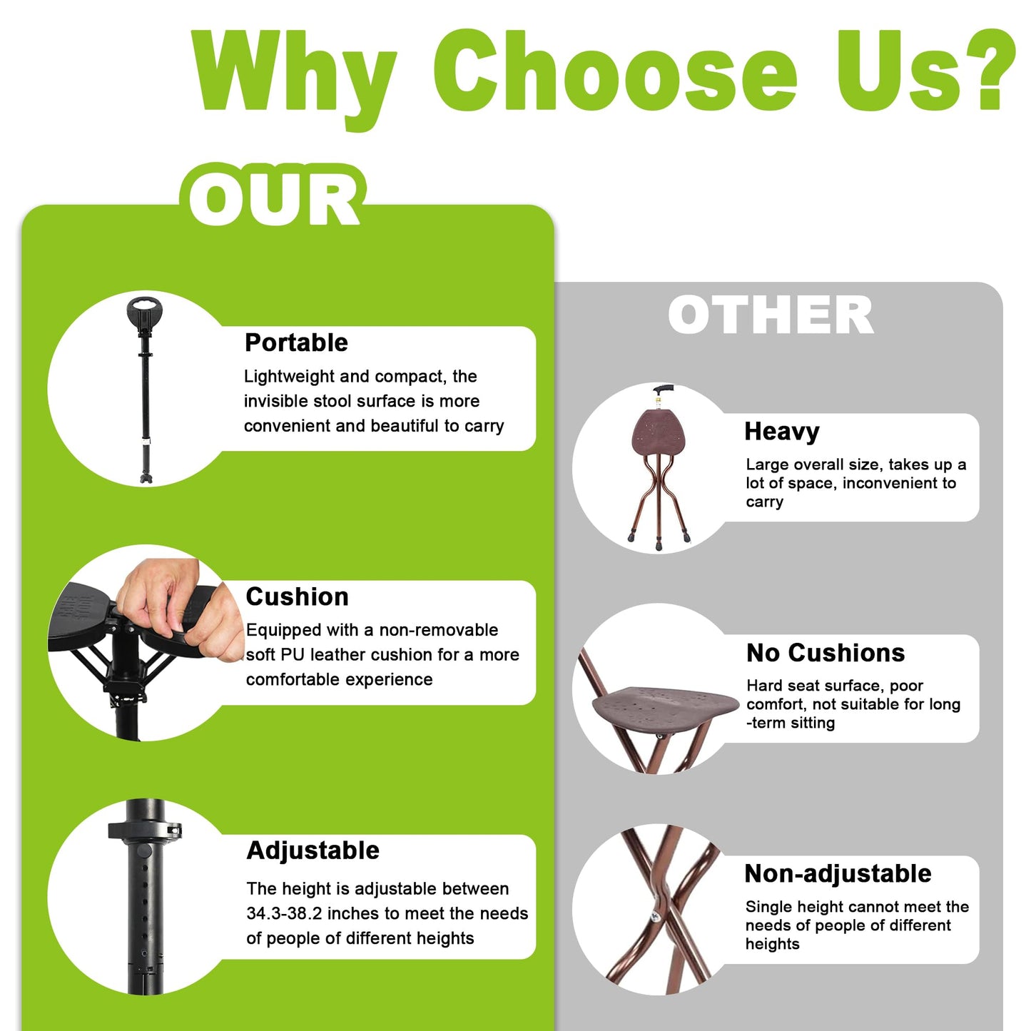 ALEVMOOM Upgraded Folding Canes with Seat Max Load 550lbs，Retractable Walking Stick with Seat,Height Adjustment Cane Chair for Adults,Crutches Stool with Carry Bag for Hiking Traveling