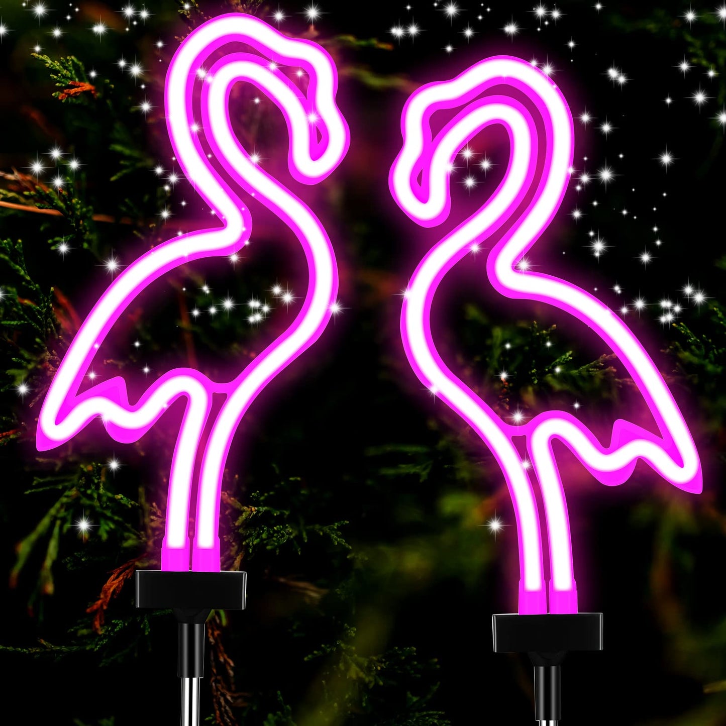 Flamingo Solar Lights Outdoor Neon Light Yard Pink Flamingo Waterproof Decorations for Garden Patio Yard Pathway Decoration(2 Pack)