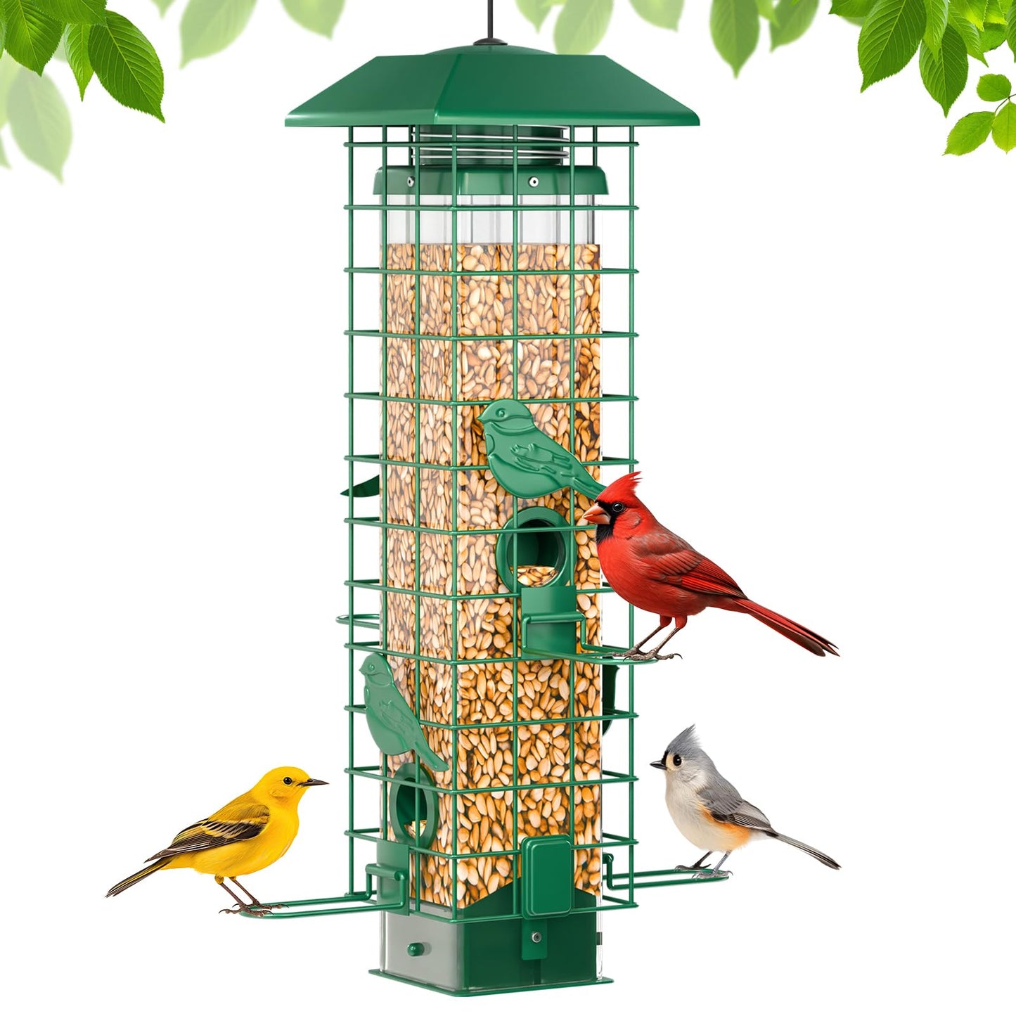 GAINSEN Squirrel Proof Bird Feeder, Metal Bird Feeders for Outdoors Hanging, Weight Activated, 3 Lb Capacity, 4 Ports, Tube Bird Feeder for Outside, Cardinal Finch Bluebird Wild Bird Feeder