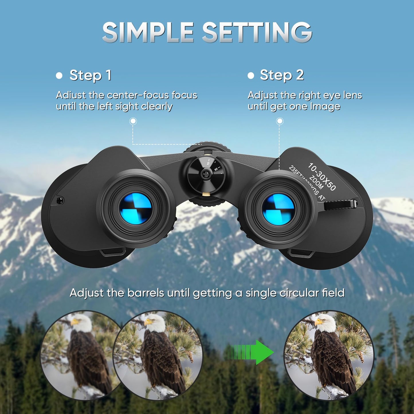 10-30x50 High Power Military Zoom Binoculars for Adults, Low Light Night Vision/Daily Waterproof / BAK7 Prism/FMC Lens, HD Professional Binoculars for Bird Watching, Hunting, Outdoor, Hiking.
