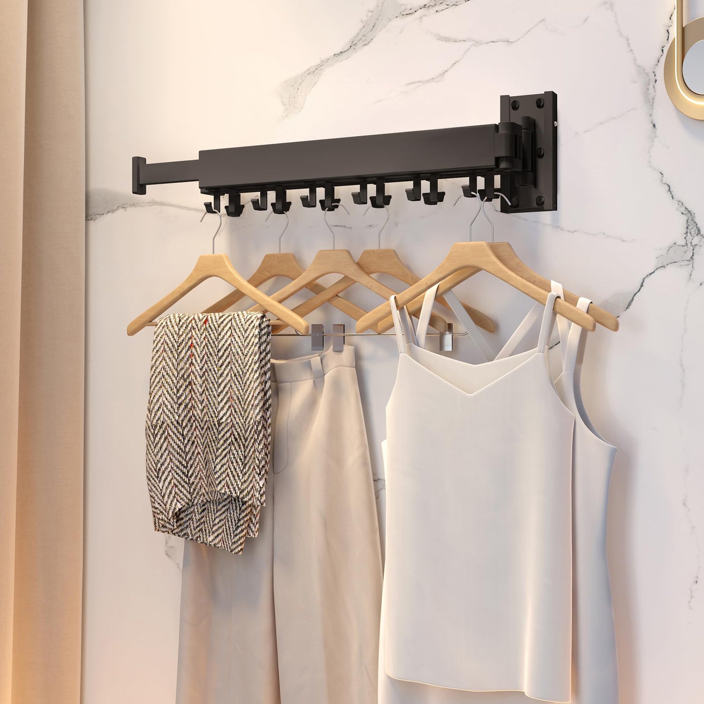 Clothes Drying Rack,Laundry Drying Rack,Wall Mounted Clothes Rack,Clothes Hanger Rack,Laundry Rack Wall Mount,Folding,Retractable,Collapsible,Laundry Room Organization(J Shape Hooks)