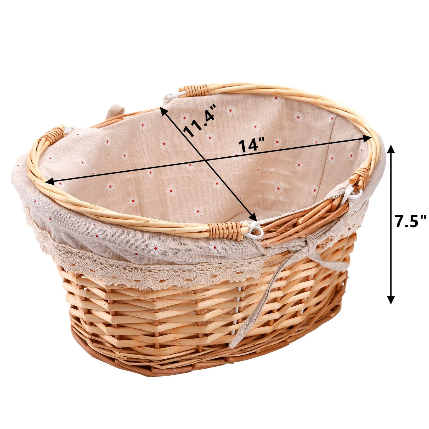 Peohud Wicker Picnic Basket with Handle, Willow Woven Basket with Double Folding Handles and Linen Lining, Large Storage Basket for Easter Egg Gathering, Candy, Gift, Flower Basket for Wedding, Oval