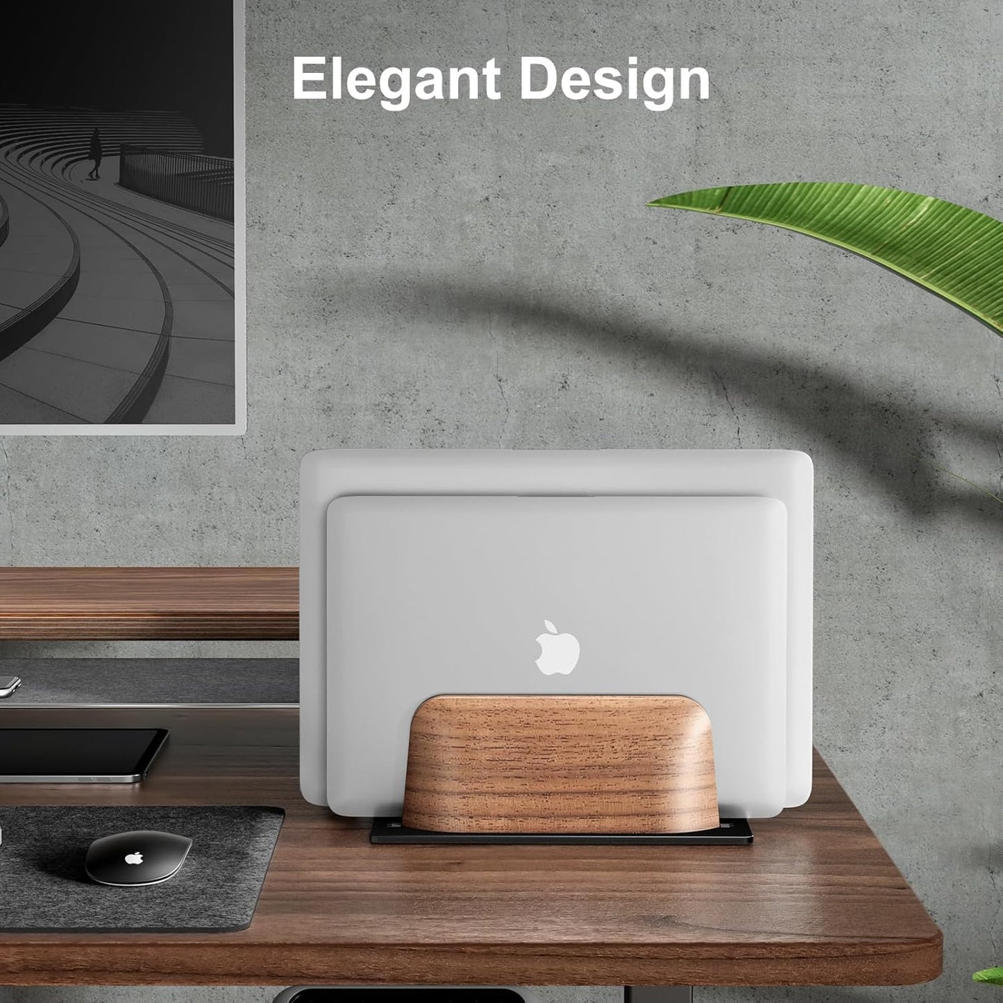 Vertical Laptop Stand, Dual Slot Walnut Wood Laptop Holder for Desk, Natural Wooden & Aluminium Width Adjustable Dock for MacBook and Other Laptops
