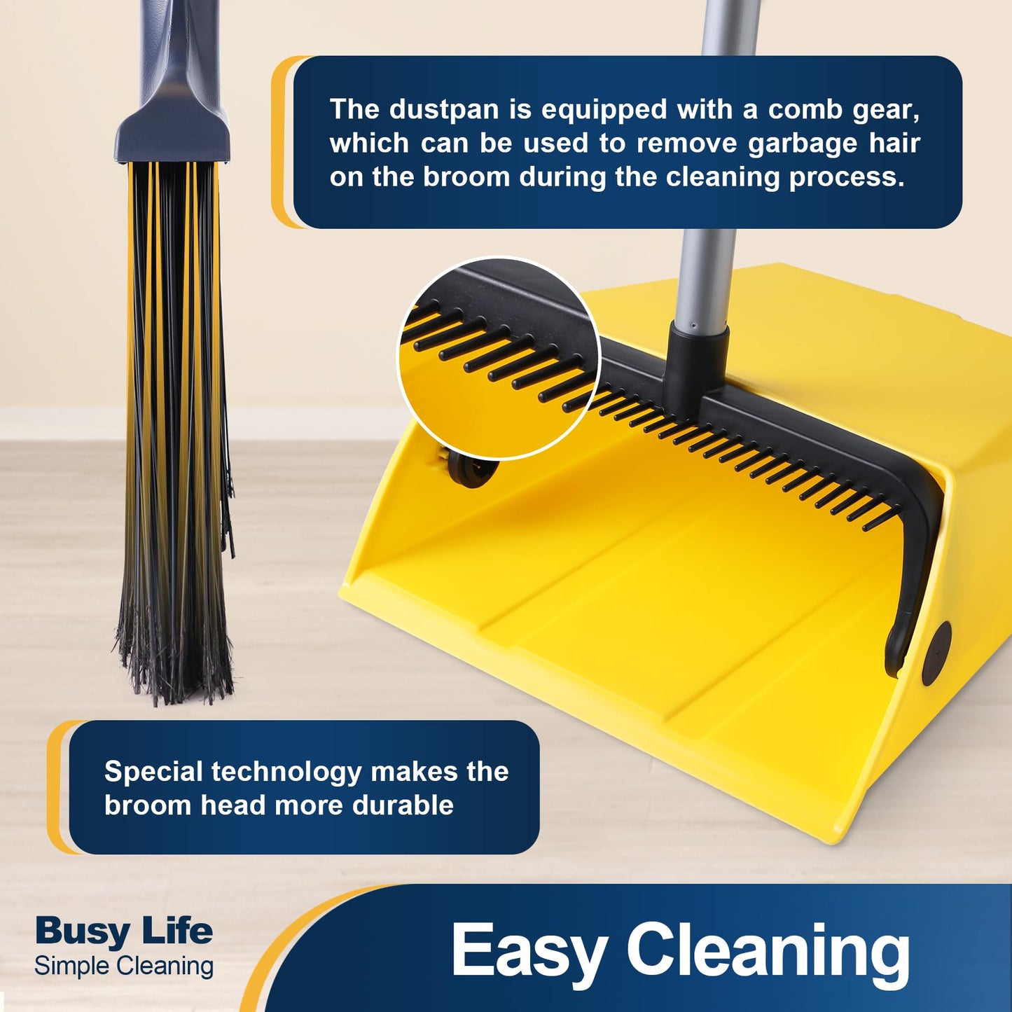 Yocada Commercial Broom and Dustpan Set with Comb Commercial Outdoor Indoor for Courtyard Garage Lobby Mall Market Floor Home Kitchen Room Office Pet Hair Rubbish