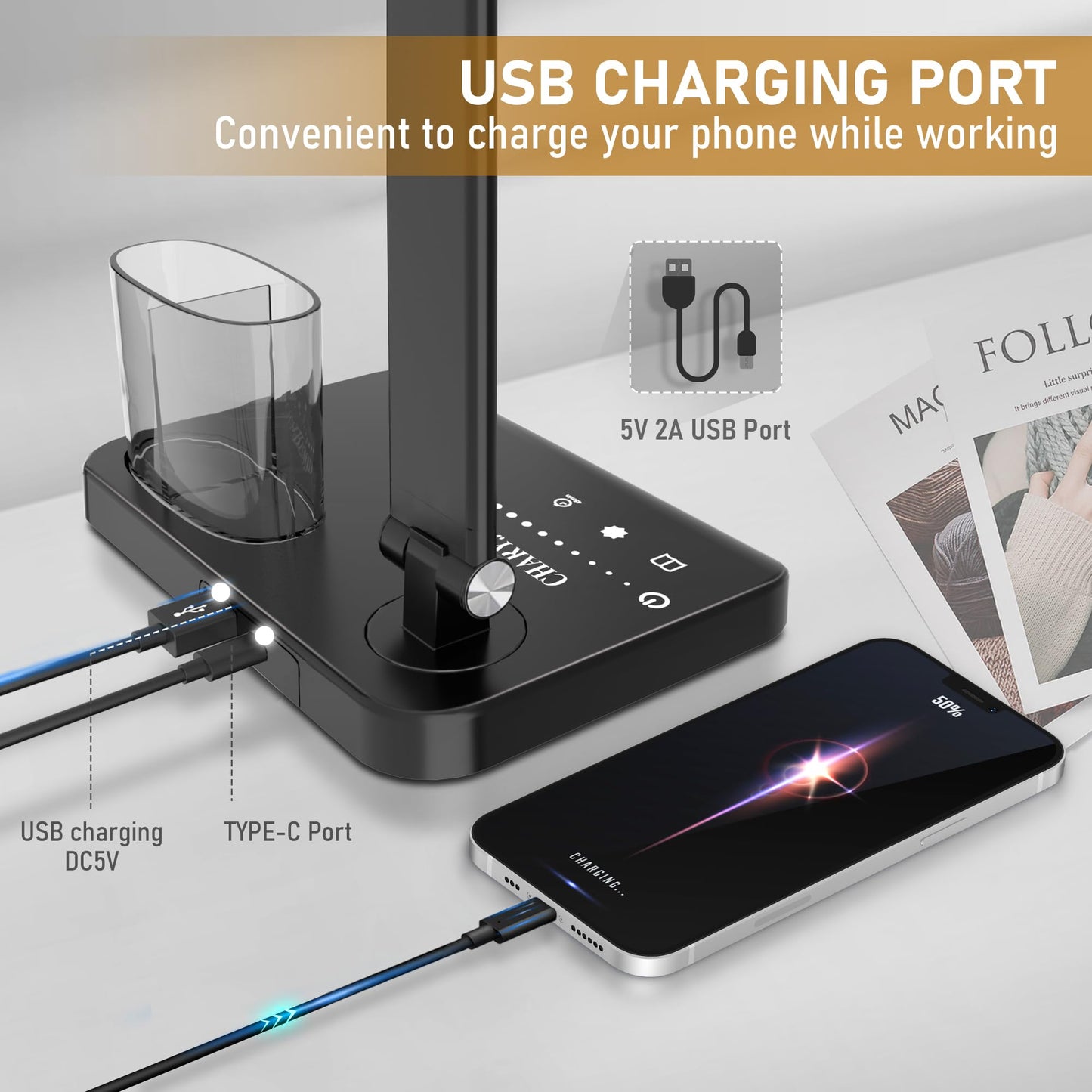 Dimmable LED Desk Lamp with USB Charging Port, 50 Lighting Modes Dual Swing Arm Architect Table Lamp Light Desk Lamp for Home Office Dorm Piano Nail