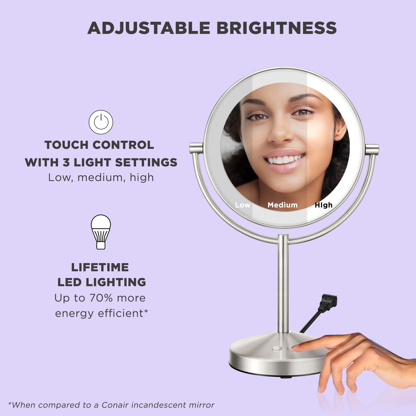 Conair Lighted Makeup Mirror, Double-Sided LED Vanity Mirror with 1X/10X Magnification, 3 Light Settings, 3 Modes, 360° Rotation, Satin Nickel Finish