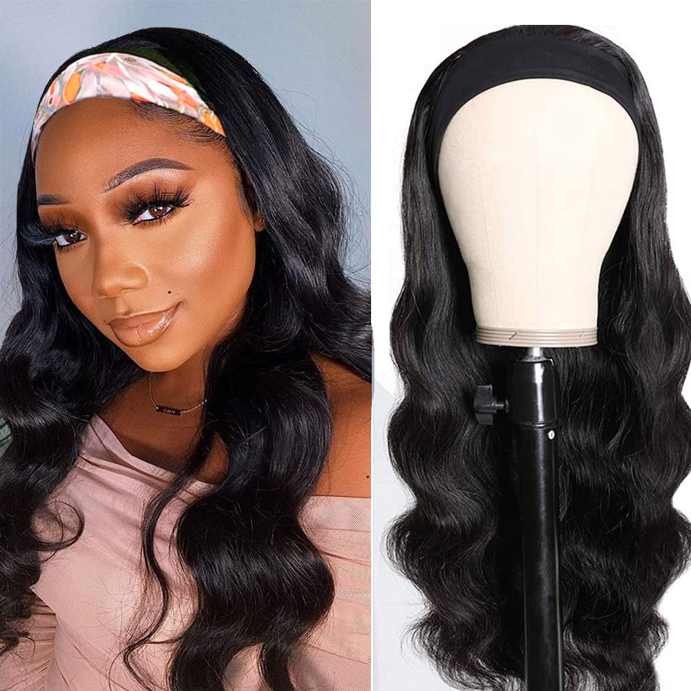 Headband Wig Human Hair Body Wave Headband Wigs for Black Women 22 Inch Brazilian Human Hair Wigs Body Wave Headband Wig Glueless None Lace Front Wigs Wear and Go Wigs 150% Density Natural Color