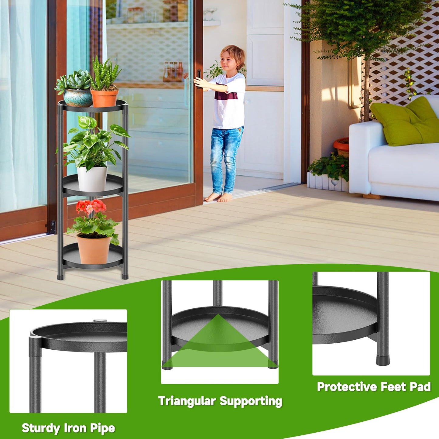 MeyRolizn 3 Tiered Plant Stand Indoor Outdoor, Metal Corner Plant Stand Plant Shelf Tables, Heavy Duty Flower Shelf Display Rack for Indoor Living Balcony Patio Garden Bedroom Classroom, Black (Black-A)
