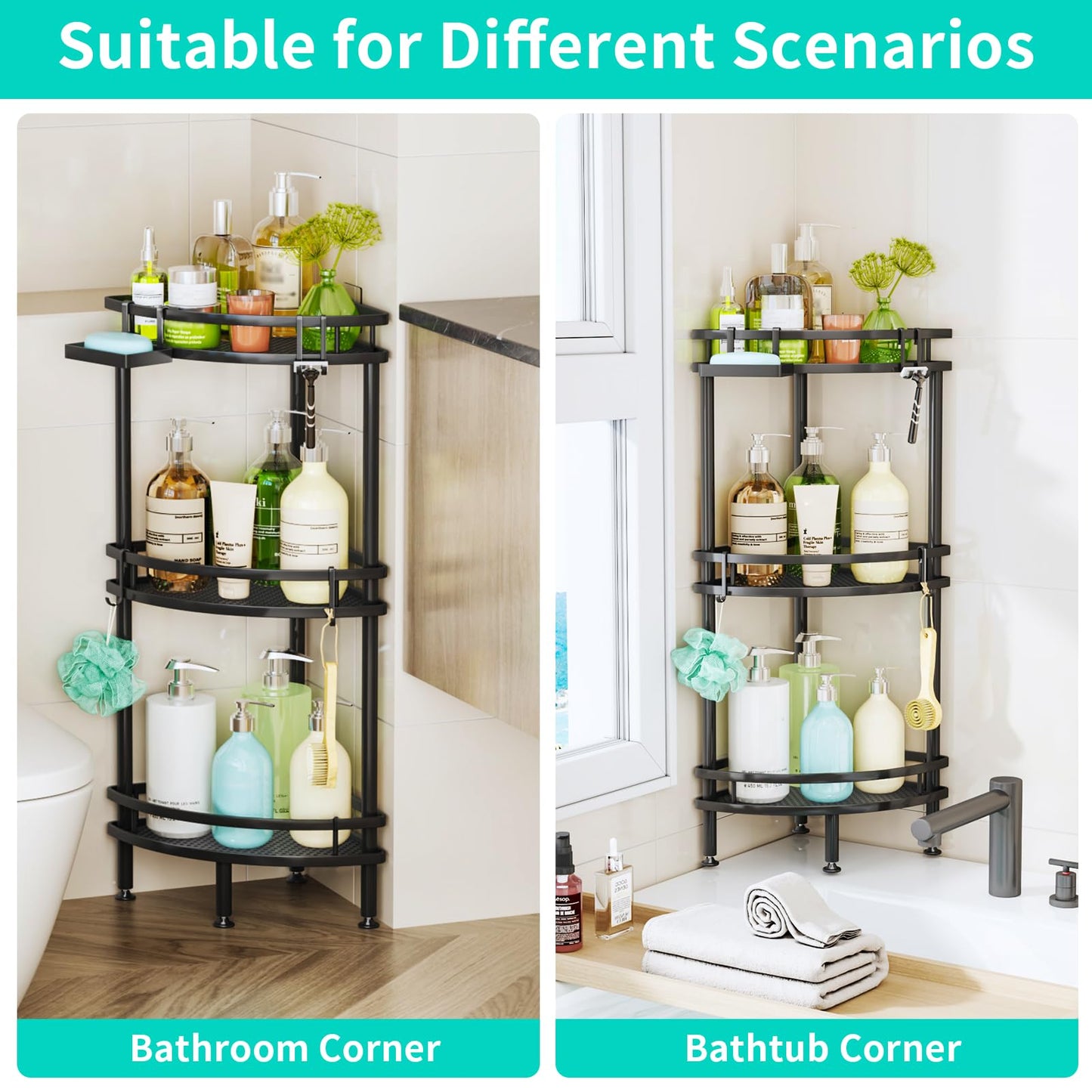 HapiRm Standing Shower Caddy Corner - 3 Tier Corner Shower Shelves with Soap Holder and 4 Hooks, Rustproof Shower Organizer Corner with Adhesives, Black