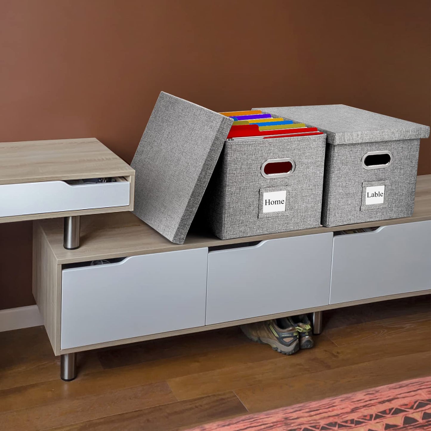 Hedume Set of 2 File Organizer Box, Collapsible Linen Filing Cabinets, Decorative Linen Filing Storage Hanging File Folders with Lids and Durable MDF Board, Space Saving File Folder Storage