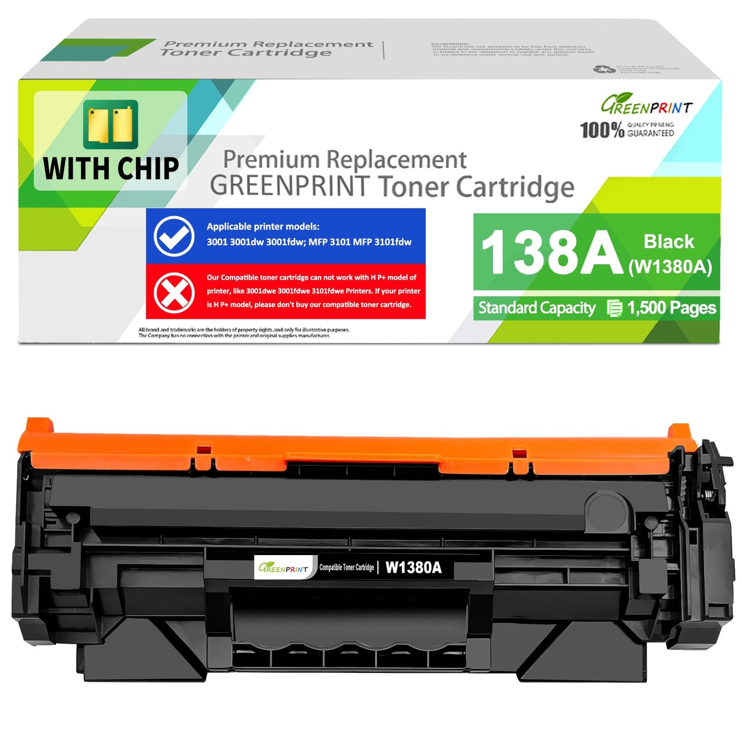 GREENPRINT 【 with CHIP 】 138A W1380A Compatible Toner Cartridge Black Standard Capacity 1500 Pages for H P Pro 3001dw 3001fdw MFP 3101fdw 3101sdw Can't Work with H P + Printer Model End with ''e''